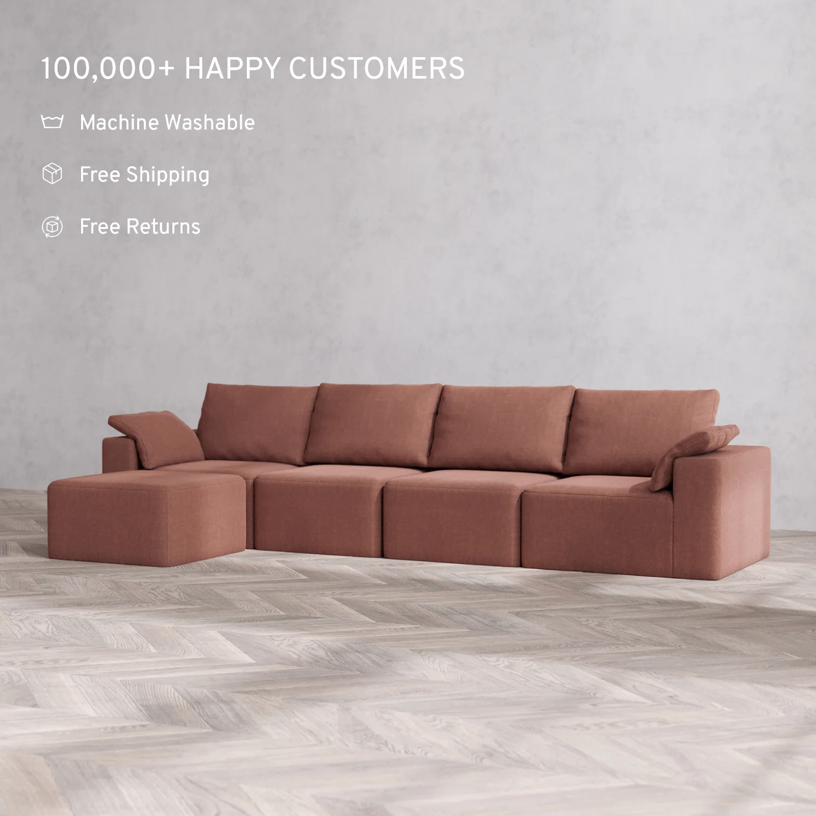Modular Washable 4-Seater Sectional Cloud + Bolster Sofa | Heirloom Velvet in Sumac - Image 2