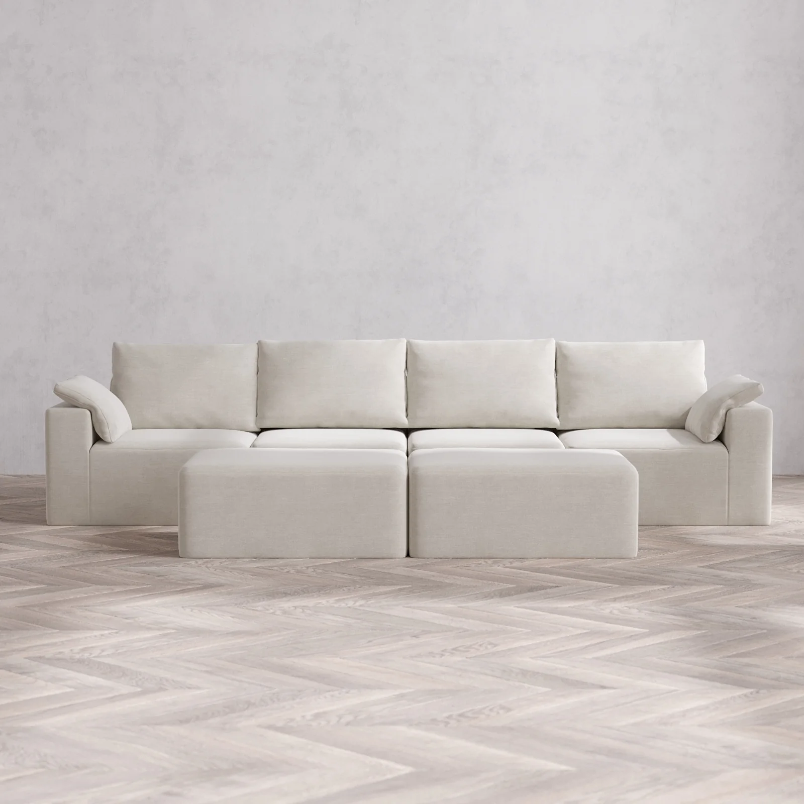 Modular Washable 4-Seater Cloud + Bolster Sofa + Chaise Ottoman Bench | Satin Velvet in Cashew