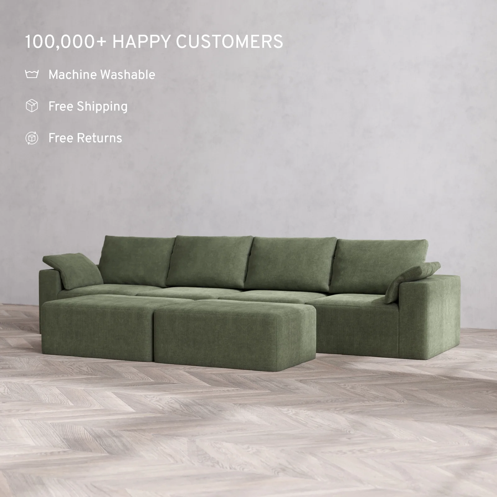 Modular Washable 4-Seater Cloud + Bolster Sofa + Chaise Ottoman Bench | Luxe Corduroy in Juniper - Image 2