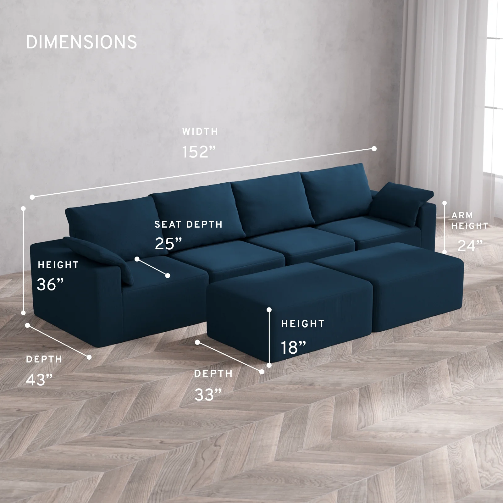 Modular Washable 4-Seater Cloud + Bolster Sofa + Chaise Ottoman Bench | Arden Weave in Lazuli - Image 5