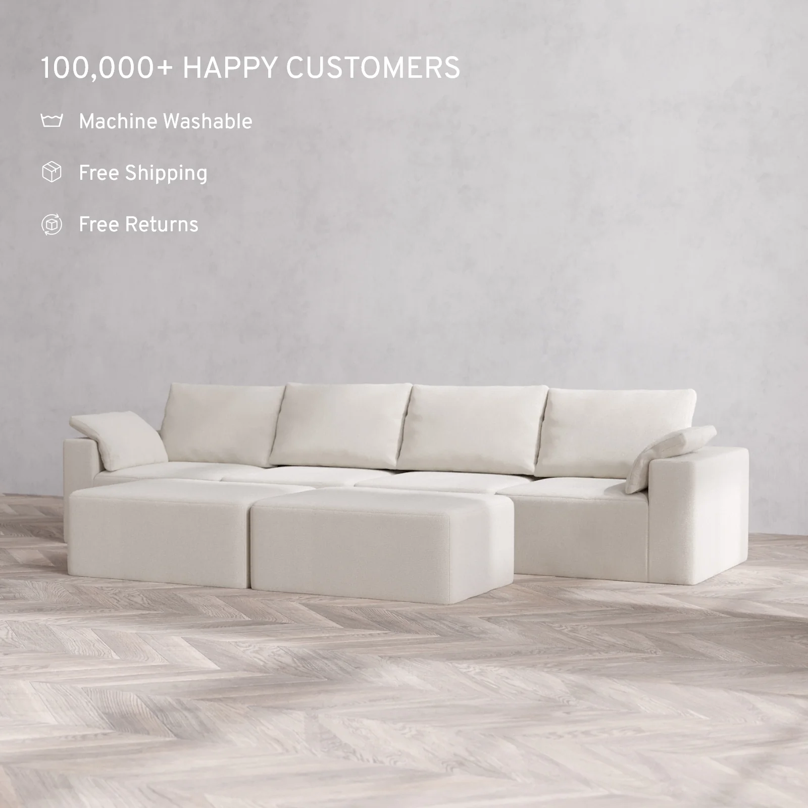 Modular Washable 4-Seater Cloud + Bolster Sofa + Chaise Ottoman Bench | Lux Weave in Pearl - Image 2