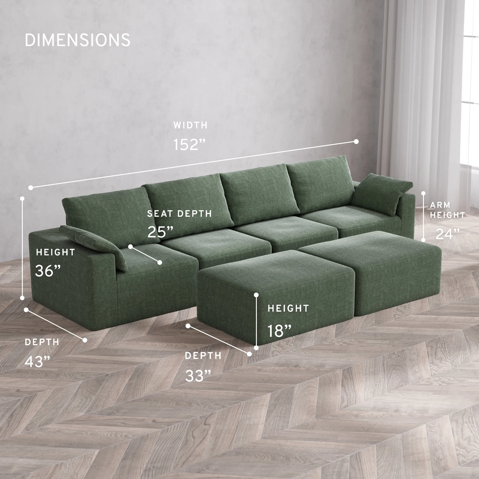 Modular Washable 4-Seater Cloud + Bolster Sofa + Chaise Ottoman Bench | Heirloom Velvet in Sage - Image 5