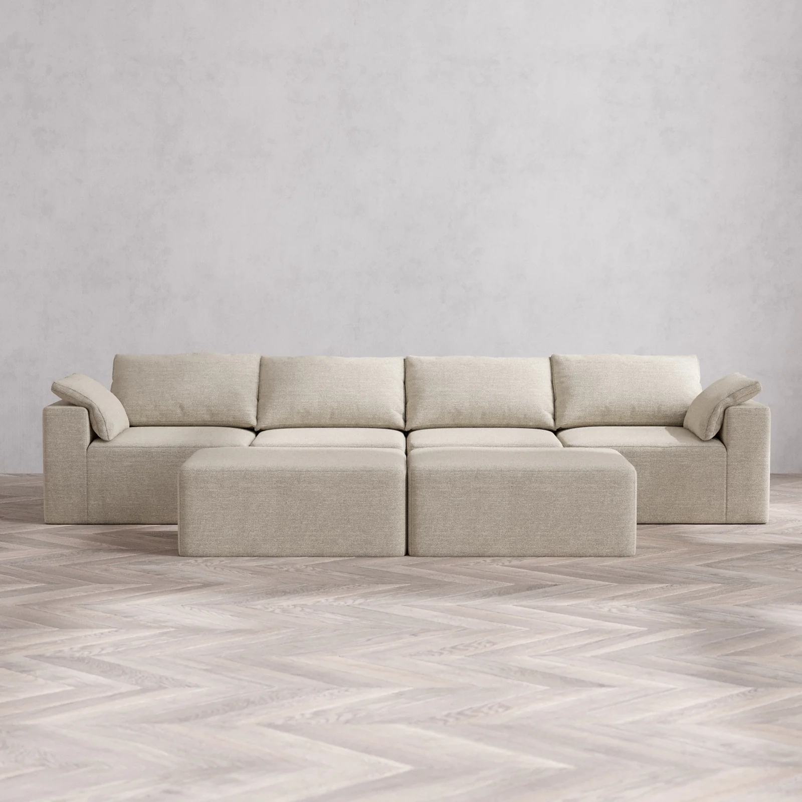 Modular Washable 4-Seater Cloud Sofa + Chaise Ottoman Bench | Plush Twill in Sandstone