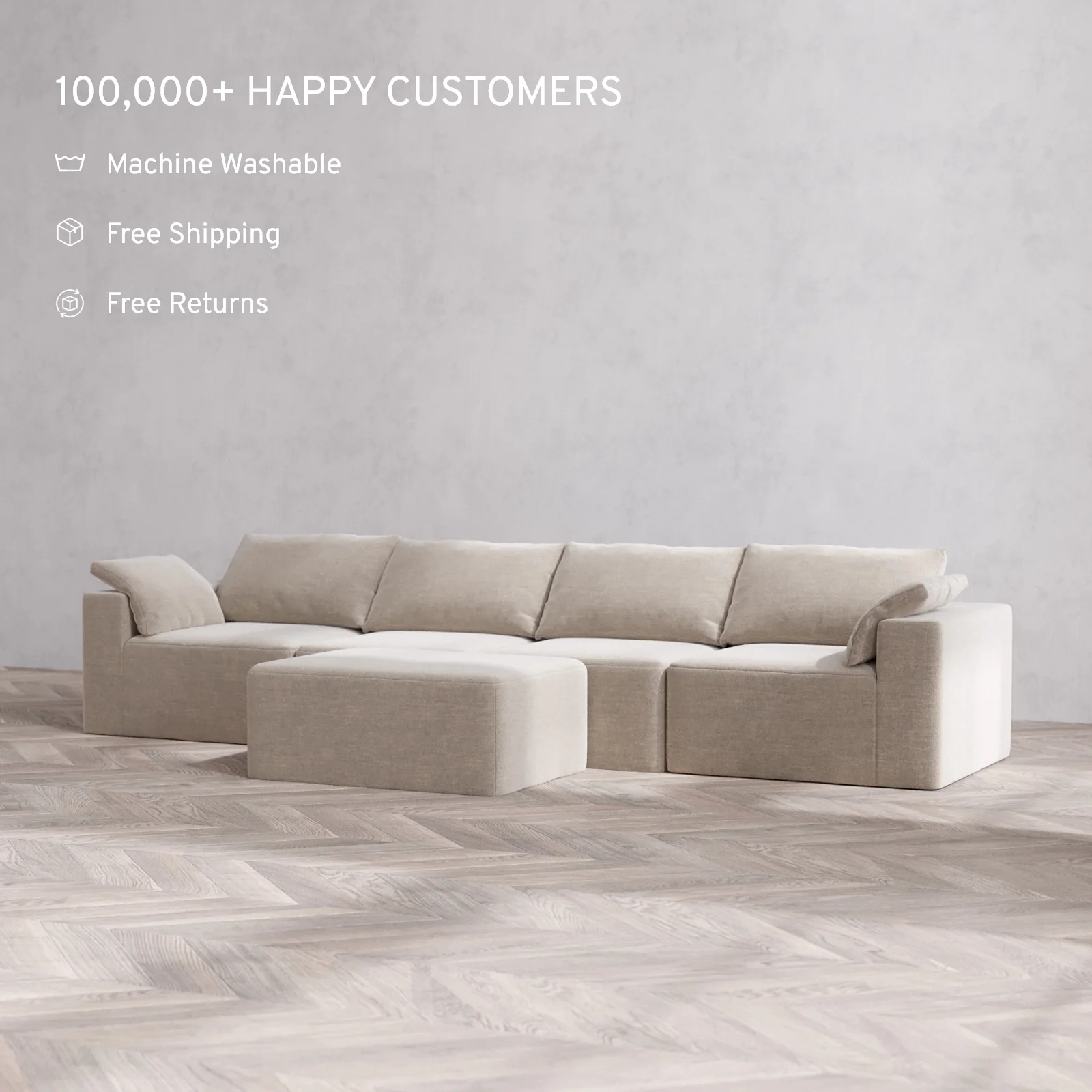 Modular Washable 4-Seater Cloud Sofa + Chaise Ottoman | Satin Velvet in Caraway - Image 2