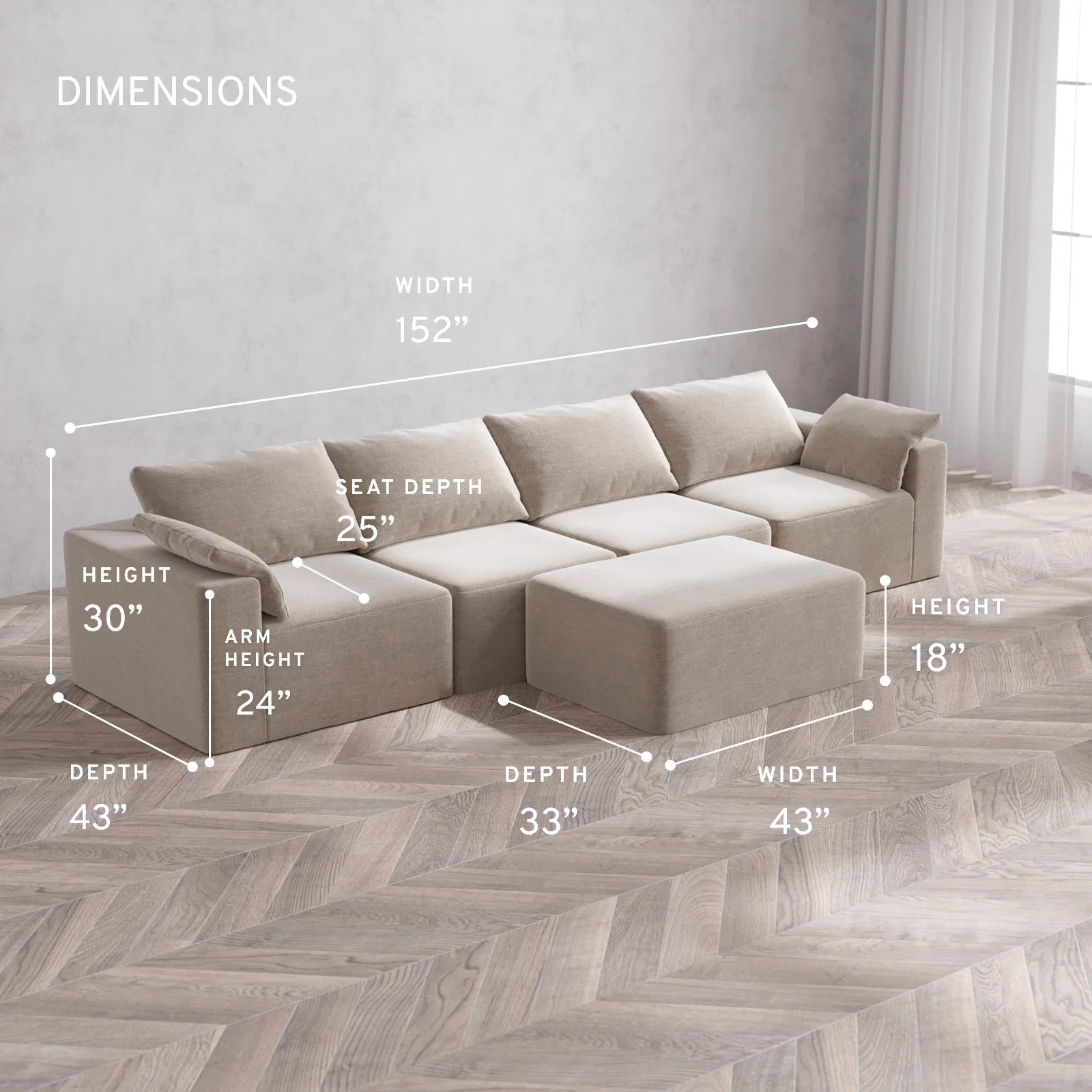 Modular Washable 4-Seater Cloud Sofa + Chaise Ottoman | Satin Velvet in Caraway - Image 5