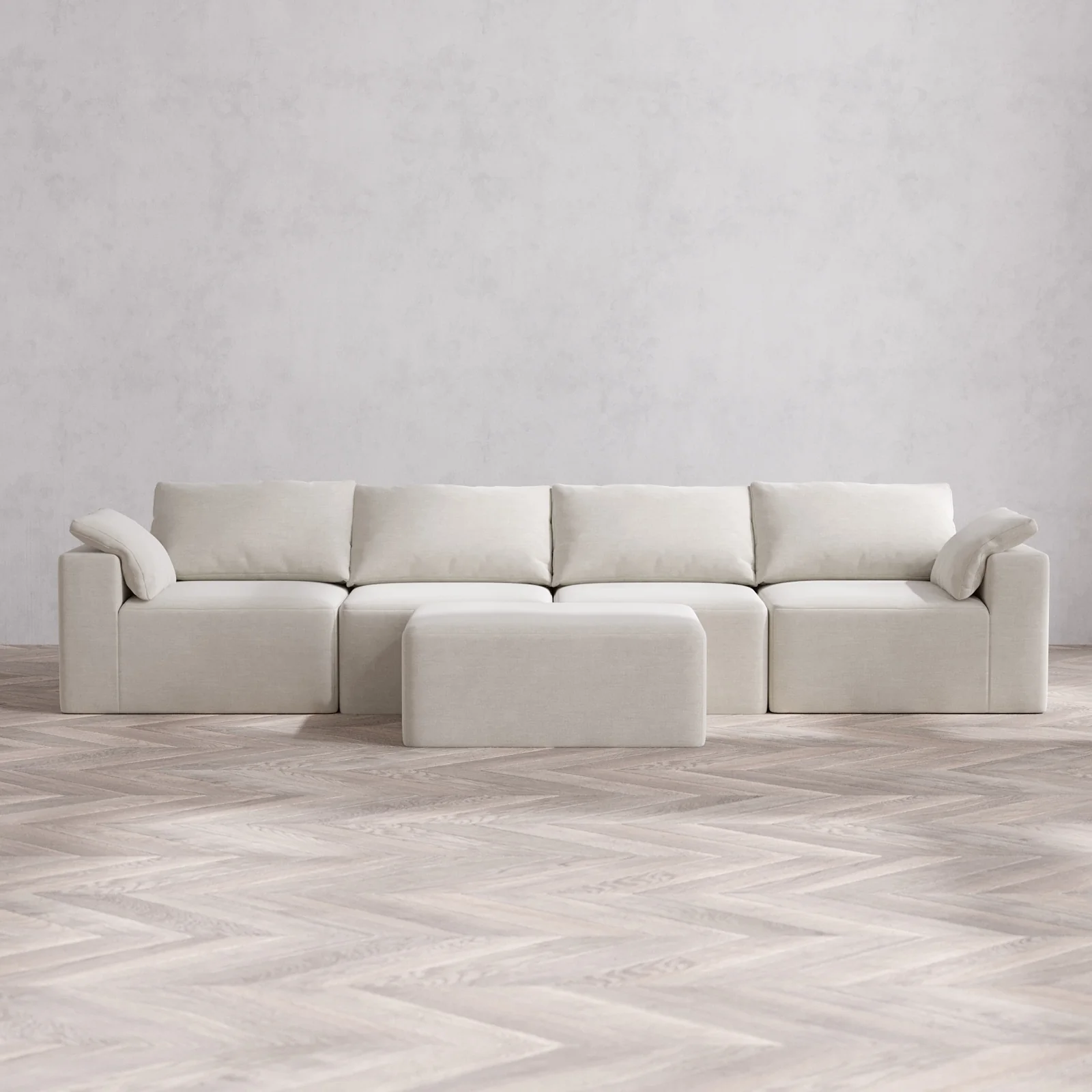 Modular Washable 4-Seater Cloud Sofa + Chaise Ottoman | Satin Velvet in Cashew
