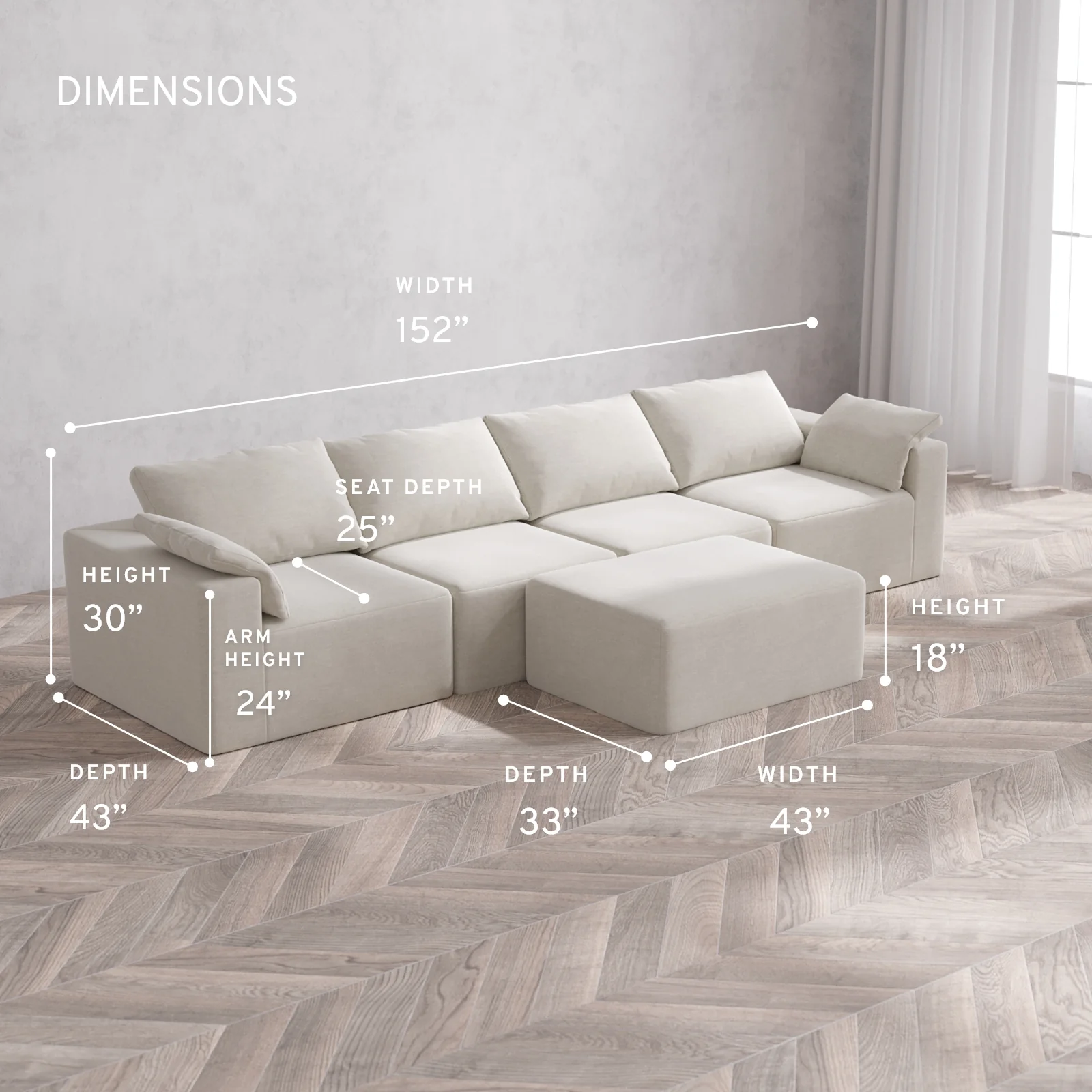 Modular Washable 4-Seater Cloud Sofa + Chaise Ottoman | Satin Velvet in Cashew - Image 5