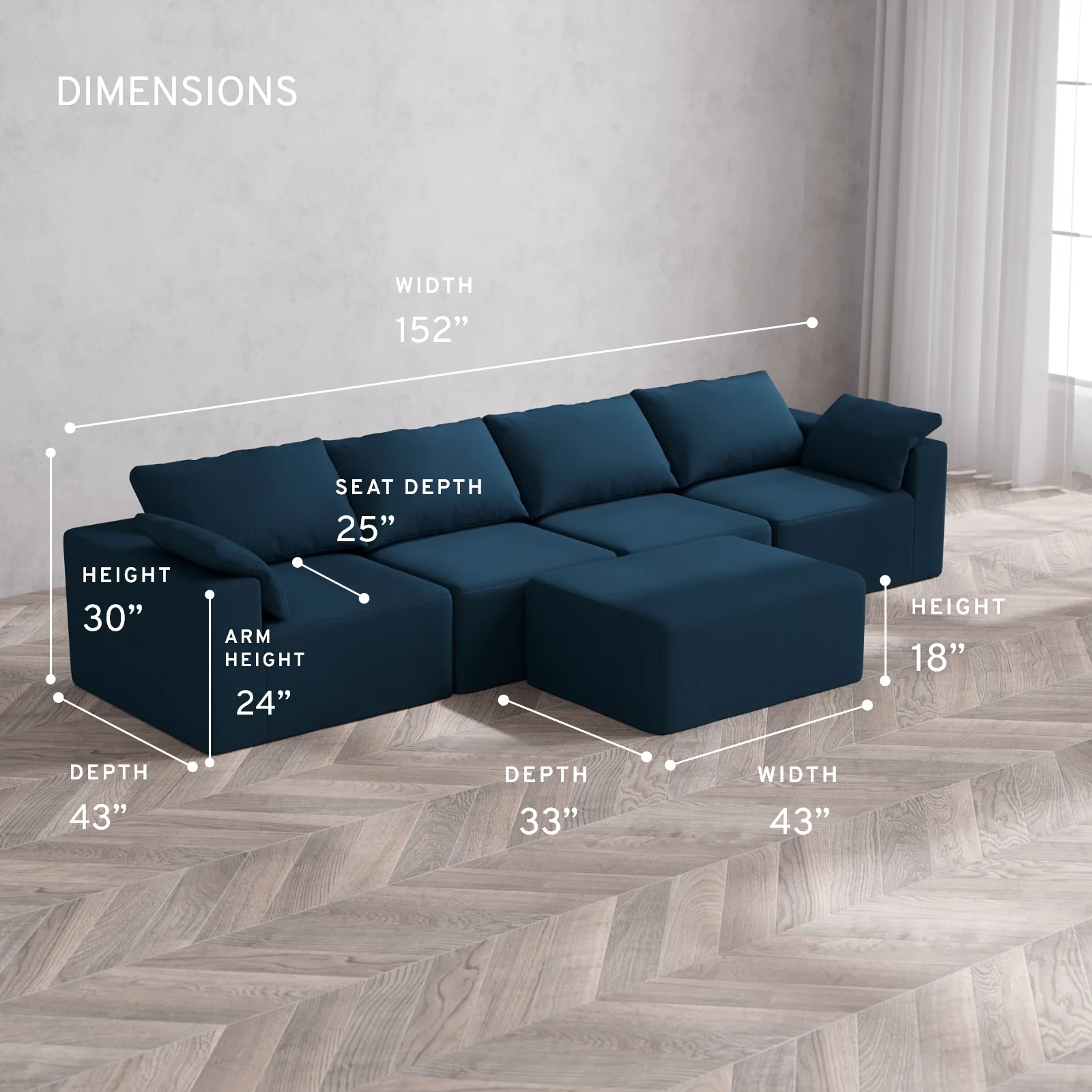 Modular Washable 4-Seater Cloud Sofa + Chaise Ottoman | Arden Weave in Lazuli - Image 5