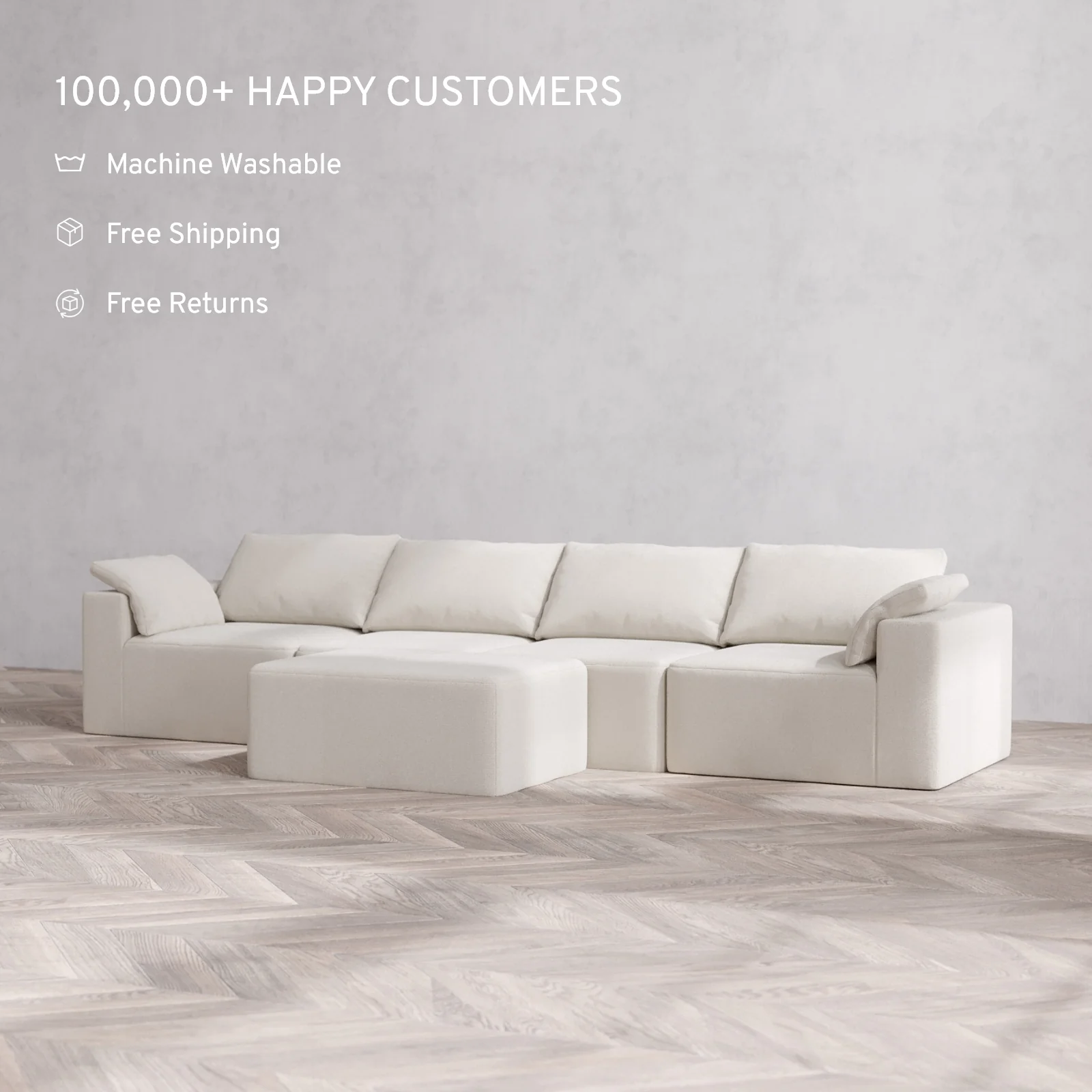 Modular Washable 4-Seater Cloud Sofa + Chaise Ottoman | Lux Weave in Pearl - Image 2