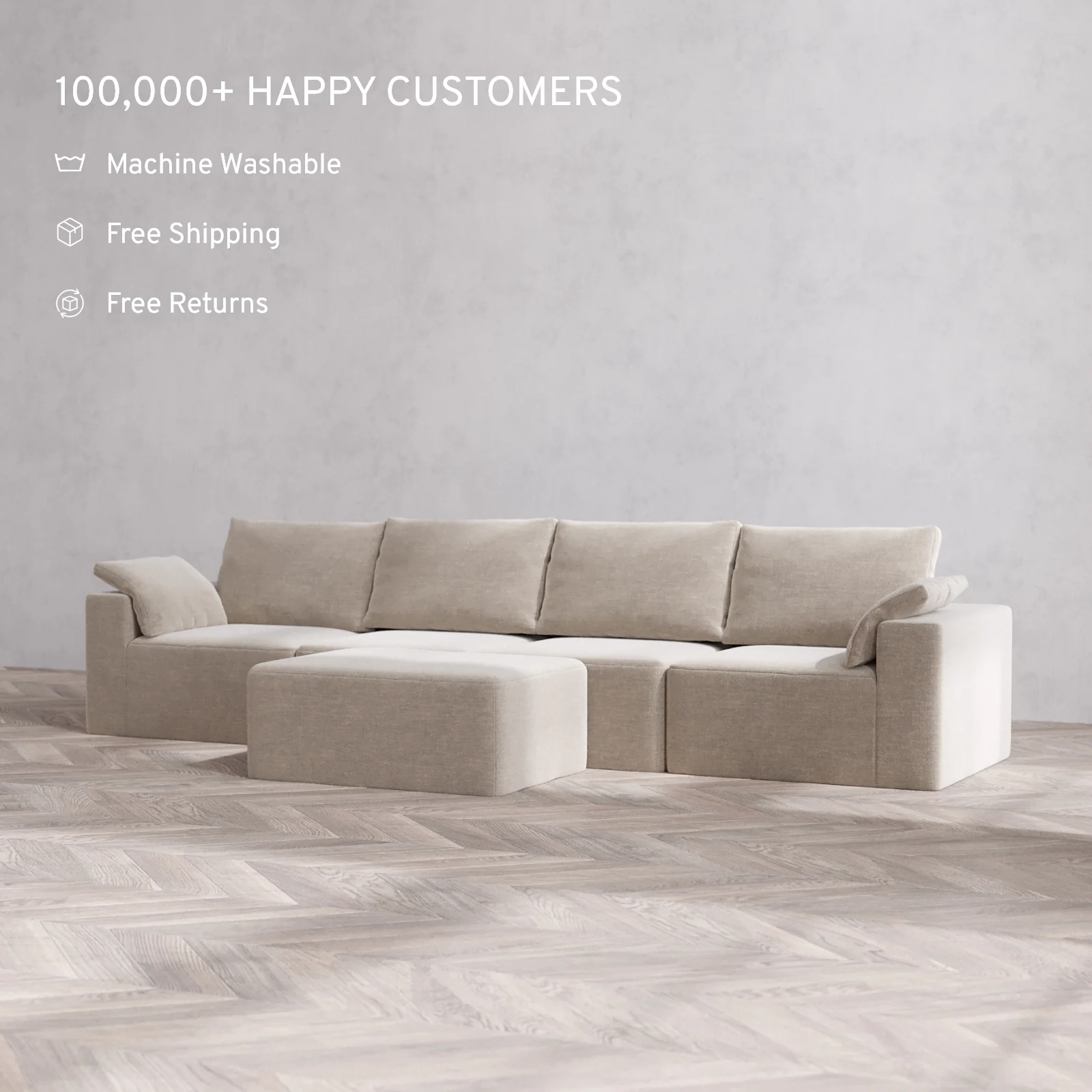 Modular Washable 4-Seater Cloud + Bolster Sofa + Chaise Ottoman | Satin Velvet in Caraway - Image 2