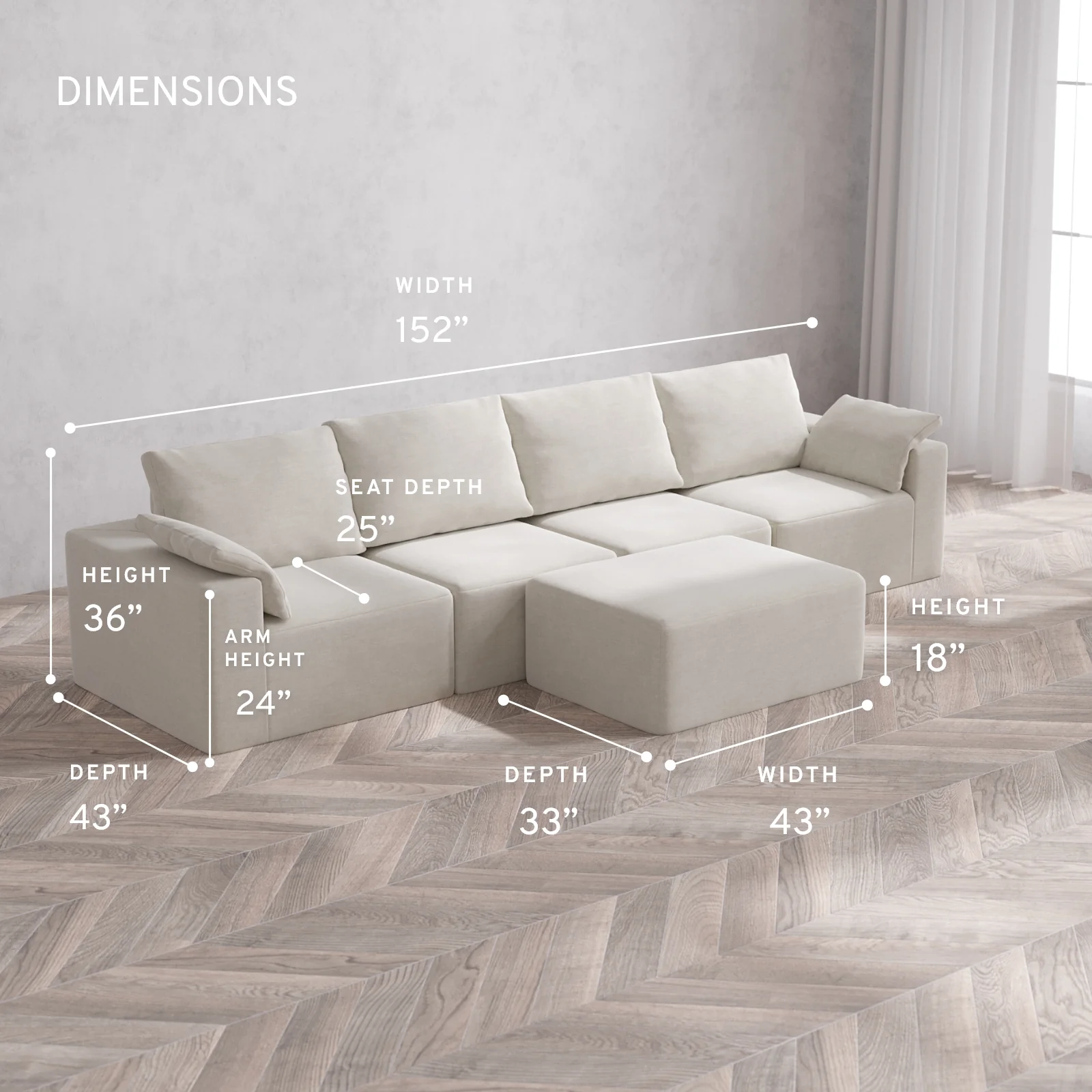 Modular Washable 4-Seater Cloud + Bolster Sofa + Chaise Ottoman | Satin Velvet in Cashew - Image 5