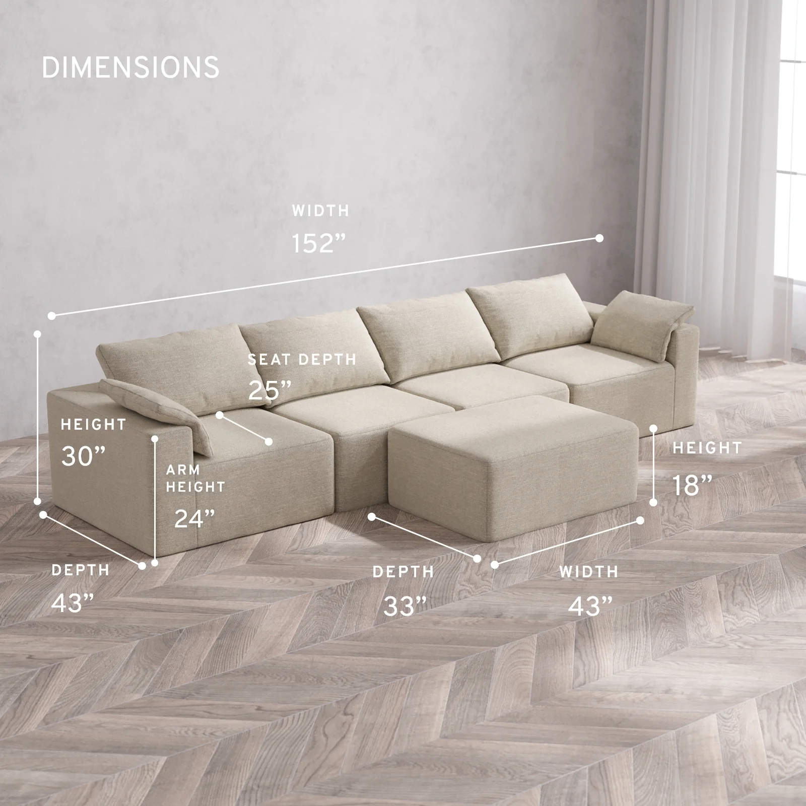 Modular Washable 4-Seater Cloud Sofa + Chaise Ottoman | Plush Twill in Sandstone - Image 5