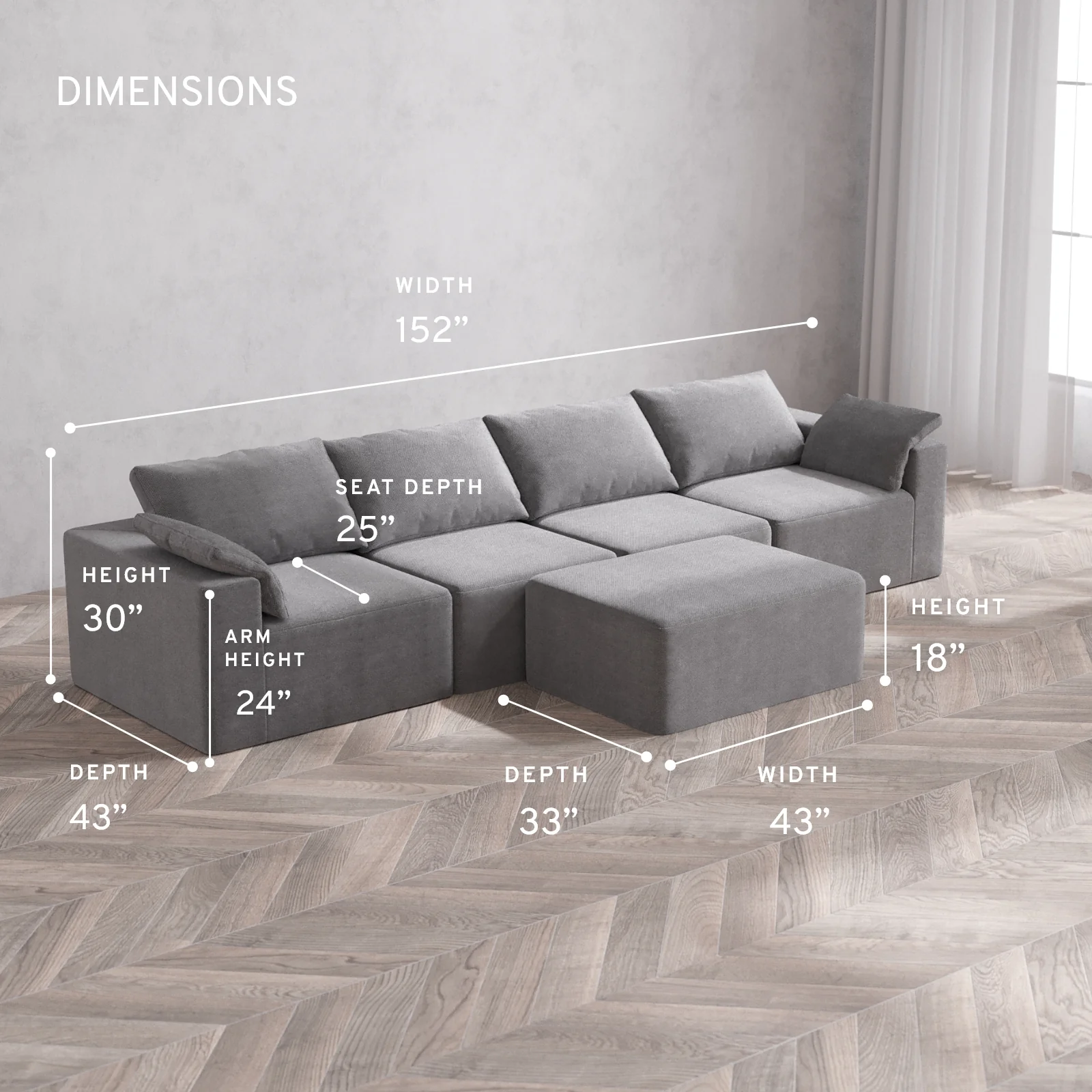 Modular Washable 4-Seater Cloud Sofa + Chaise Ottoman | Lux Weave in Slate - Image 5