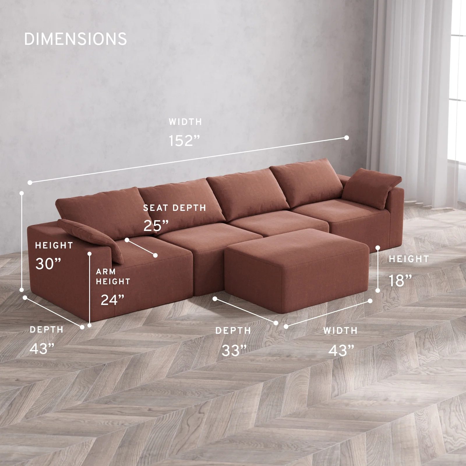 Modular Washable 4-Seater Cloud Sofa + Chaise Ottoman | Heirloom Velvet in Sumac - Image 5