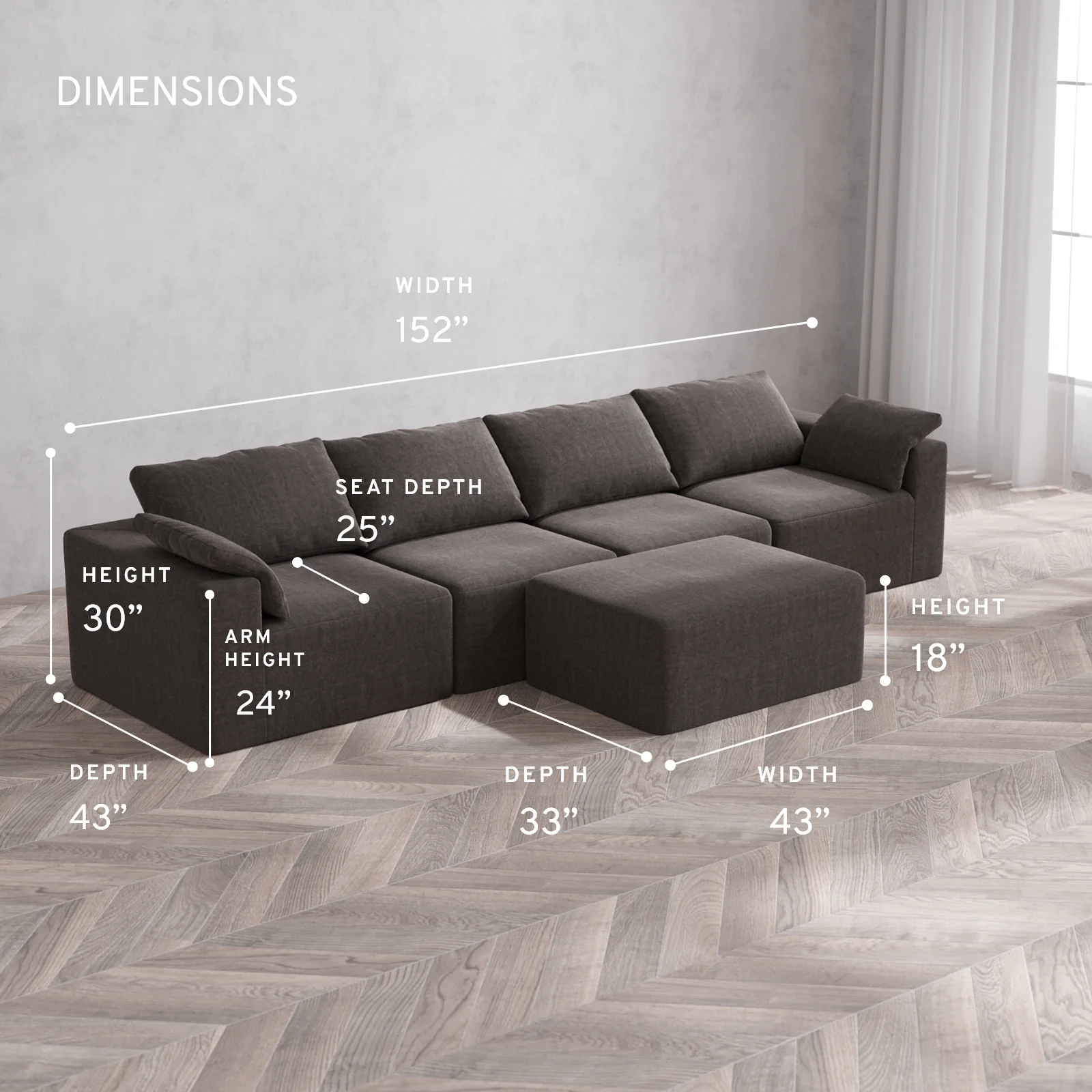 Modular Washable 4-Seater Cloud Sofa + Chaise Ottoman | Heirloom Velvet in Truffle - Image 5