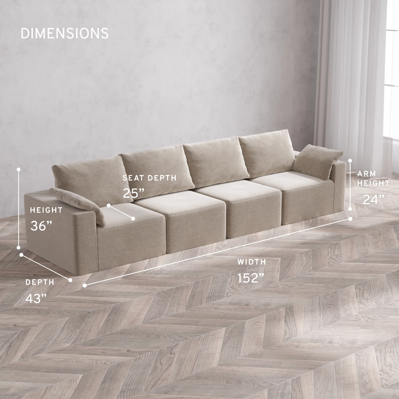 Modular Washable 4-Seater Cloud + Bolster Sofa | Satin Velvet in Caraway - Image 5