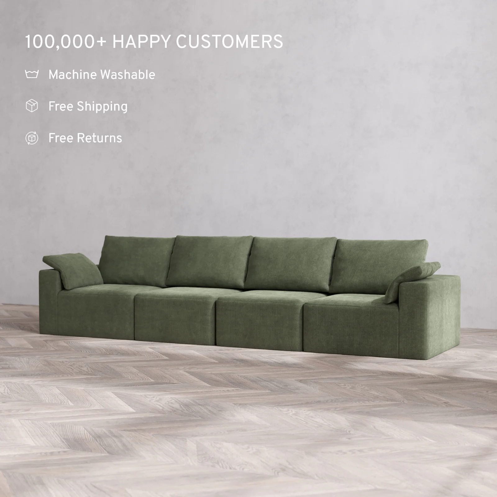 Modular Washable 4-Seater Cloud + Bolster Sofa | Luxe Corduroy in Juniper - Image 2