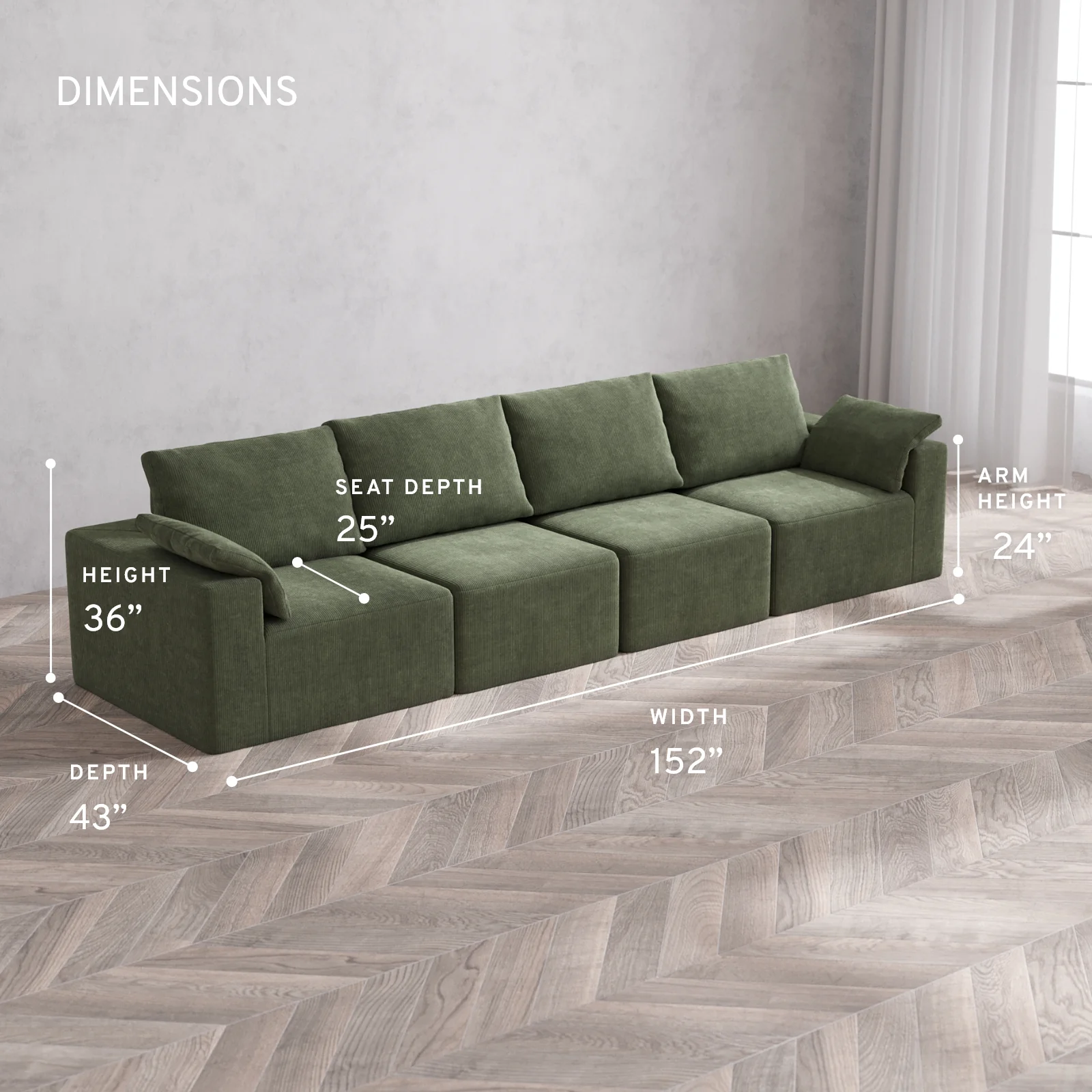 Modular Washable 4-Seater Cloud + Bolster Sofa | Luxe Corduroy in Juniper - Image 5