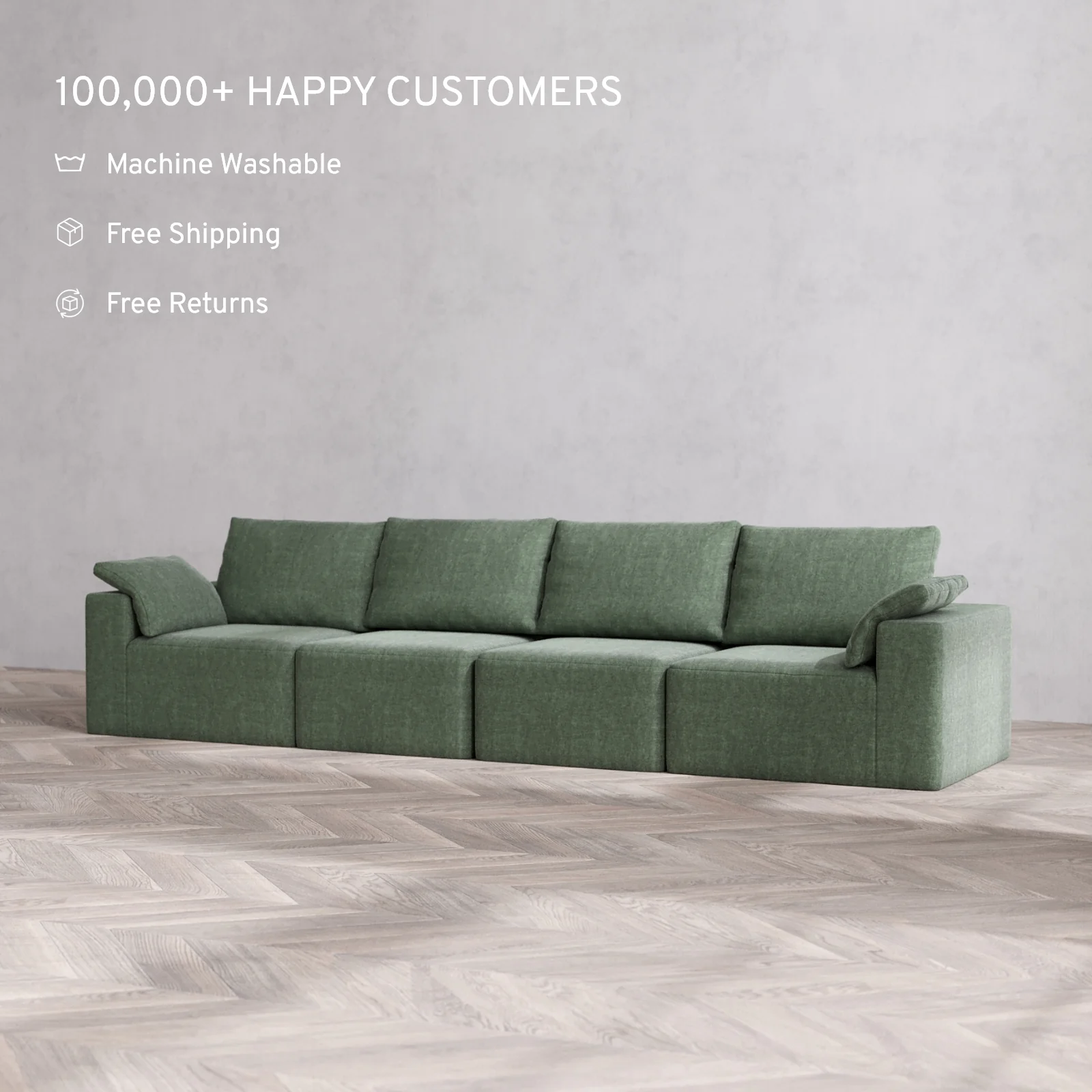 Modular Washable 4-Seater Cloud + Bolster Sofa | Heirloom Velvet in Sage - Image 2