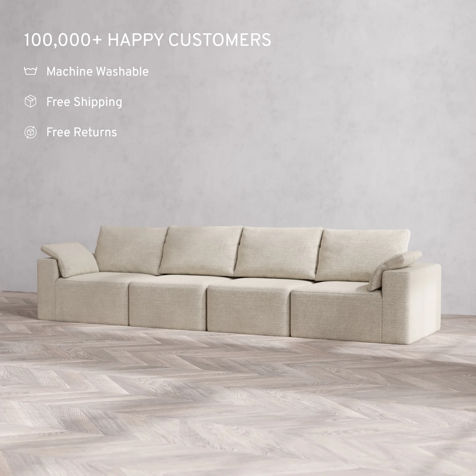Modular Washable 4-Seater Cloud + Bolster Sofa | Plush Twill in Sandstone - Image 2