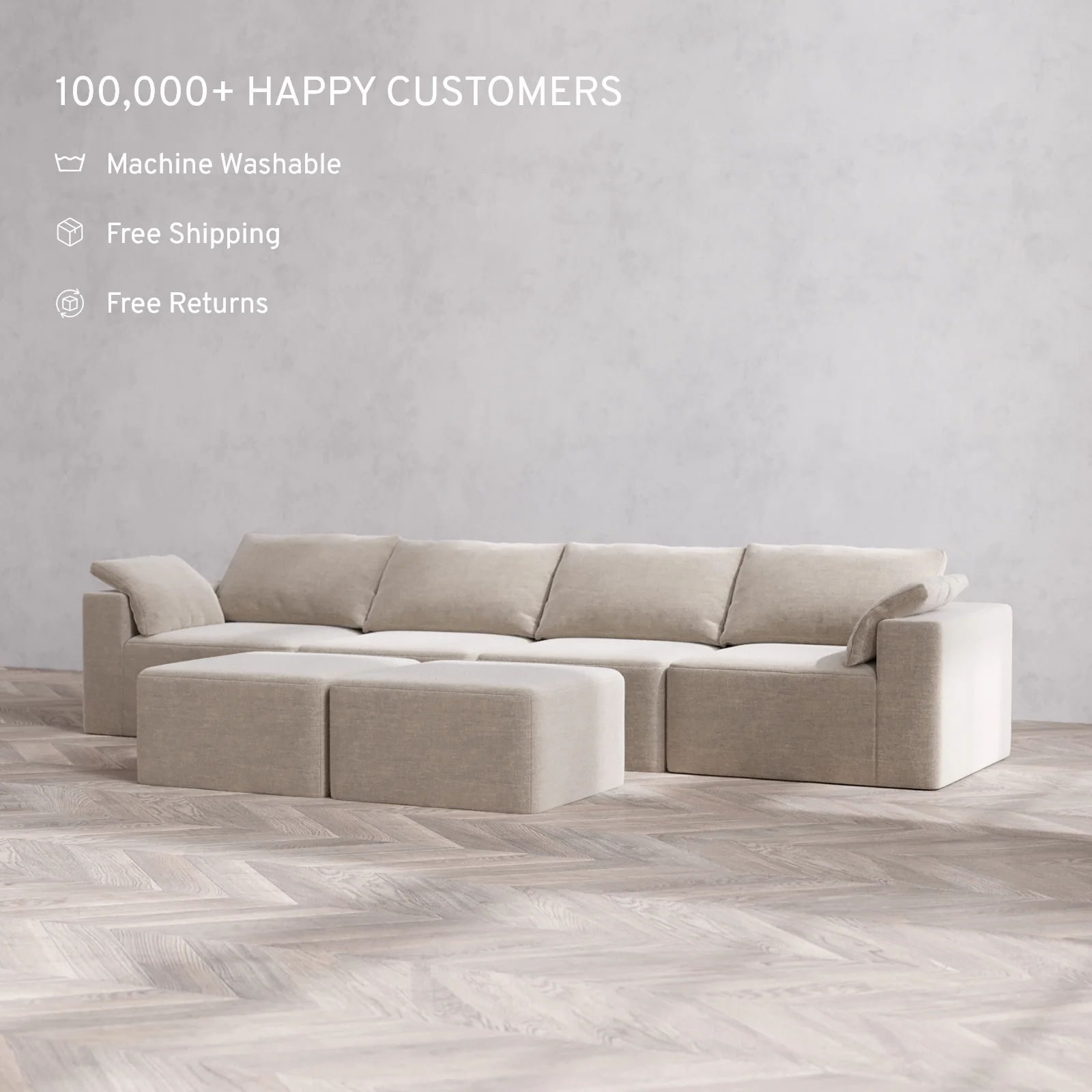 Modular Washable 4-Seater Cloud Sofa + Ottoman Bench | Satin Velvet in Caraway - Image 2