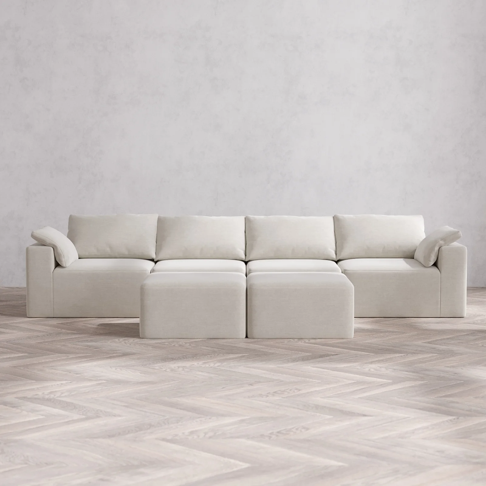 Modular Washable 4-Seater Cloud Sofa + Ottoman Bench | Satin Velvet in Cashew