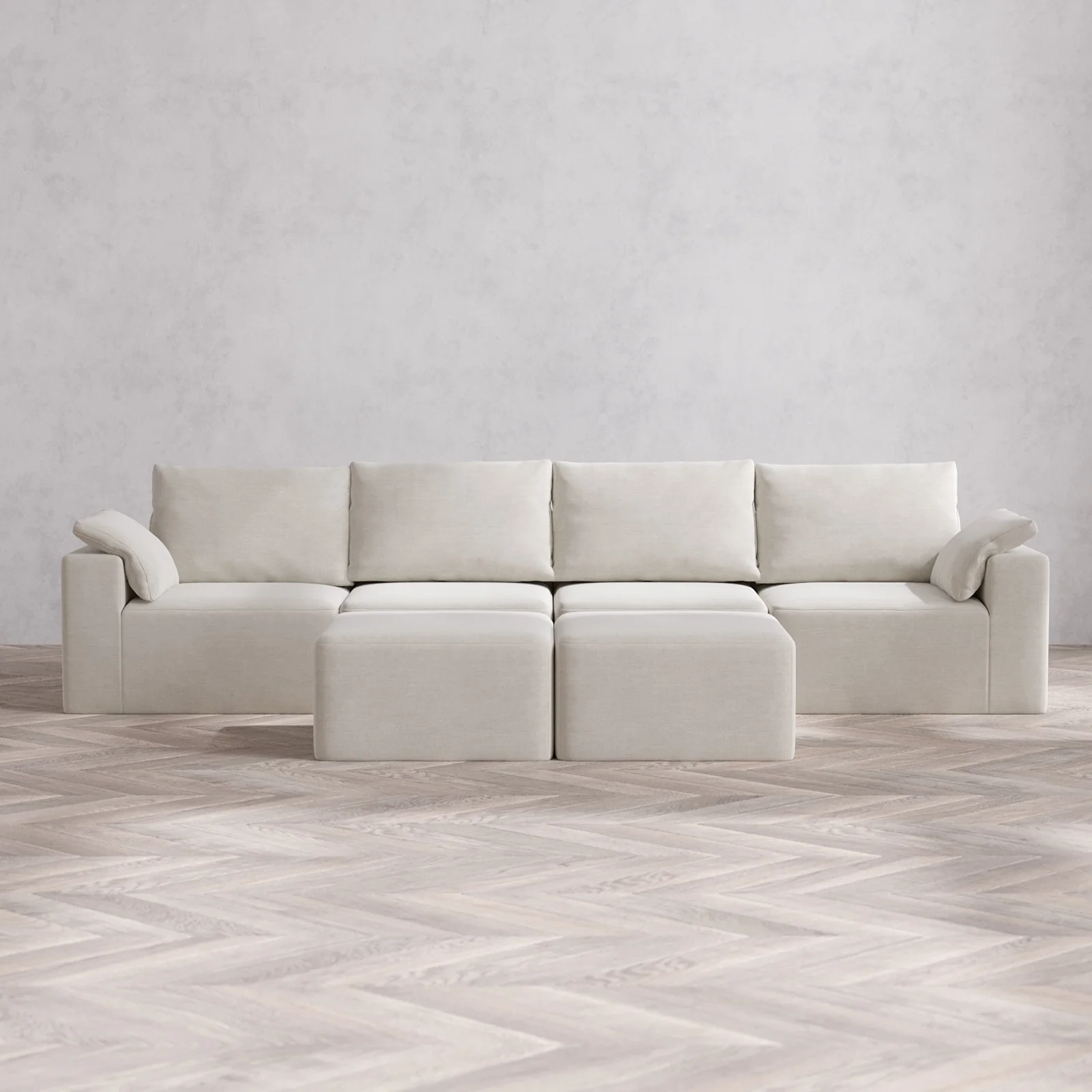 Modular Washable 4-Seater Cloud + Bolster Sofa + Ottoman Bench | Satin Velvet in Cashew