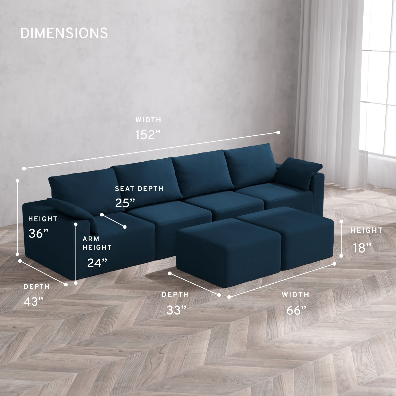 Modular Washable 4-Seater Cloud + Bolster Sofa + Ottoman Bench | Arden Weave in Lazuli - Image 5