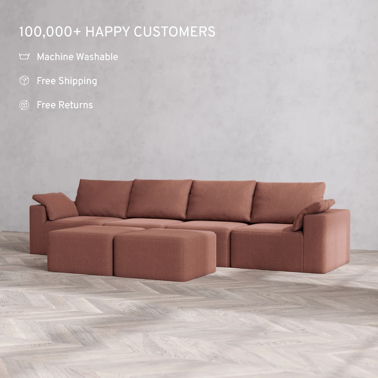 Modular Washable 4-Seater Cloud + Bolster Sofa + Ottoman Bench | Heirloom Velvet in Sumac - Image 2