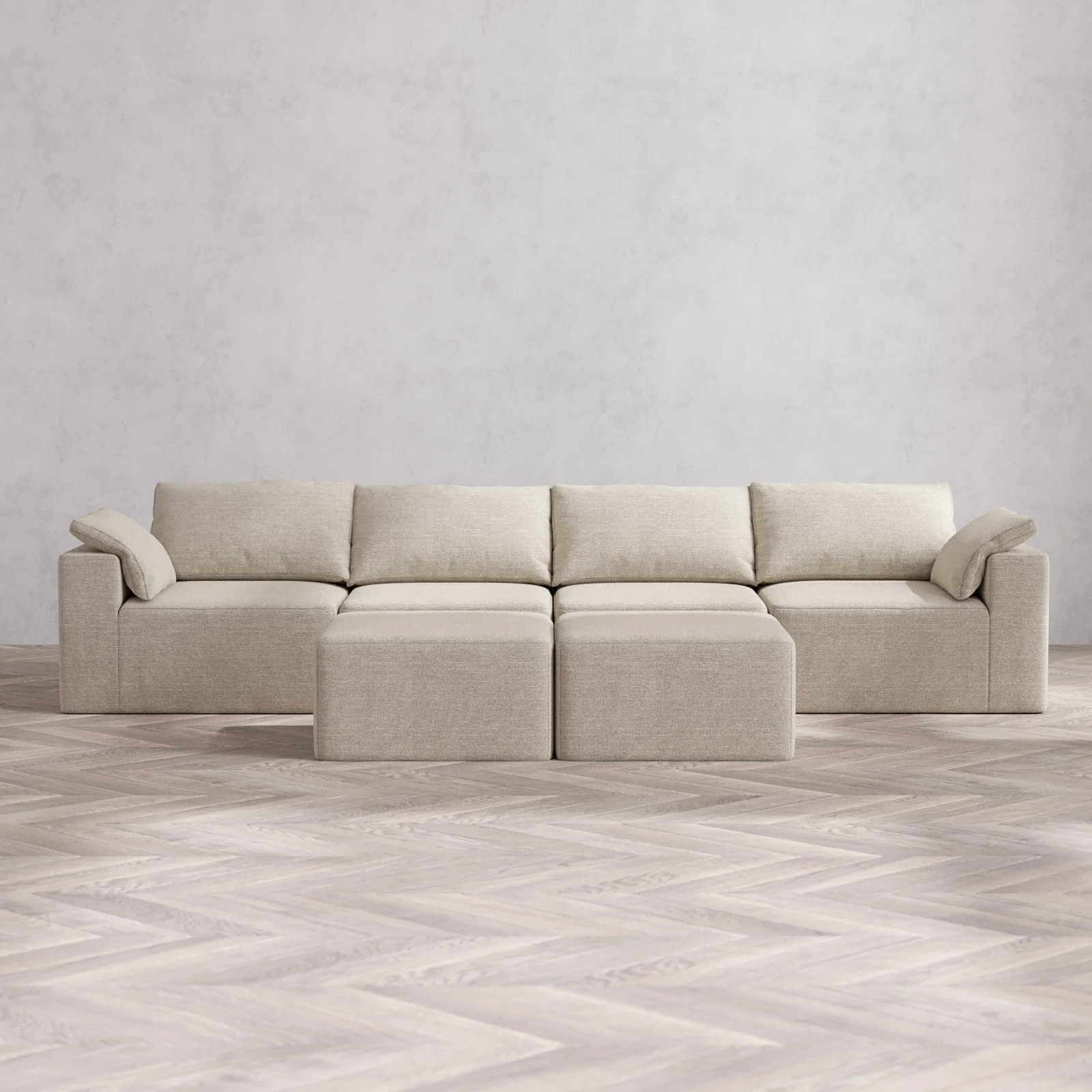 Modular Washable 4-Seater Cloud Sofa + Ottoman Bench | Plush Twill in Sandstone
