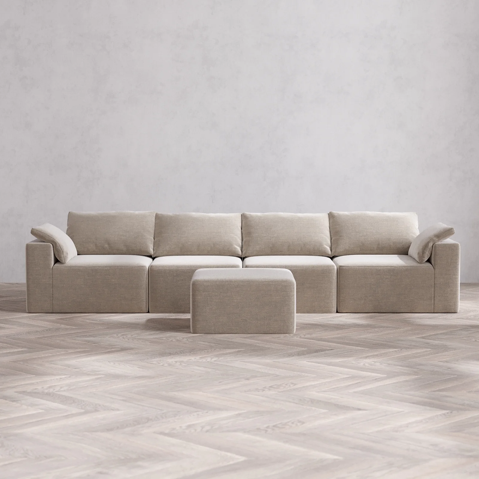 Modular Washable 4-Seater Cloud Sofa + Ottoman | Satin Velvet in Caraway