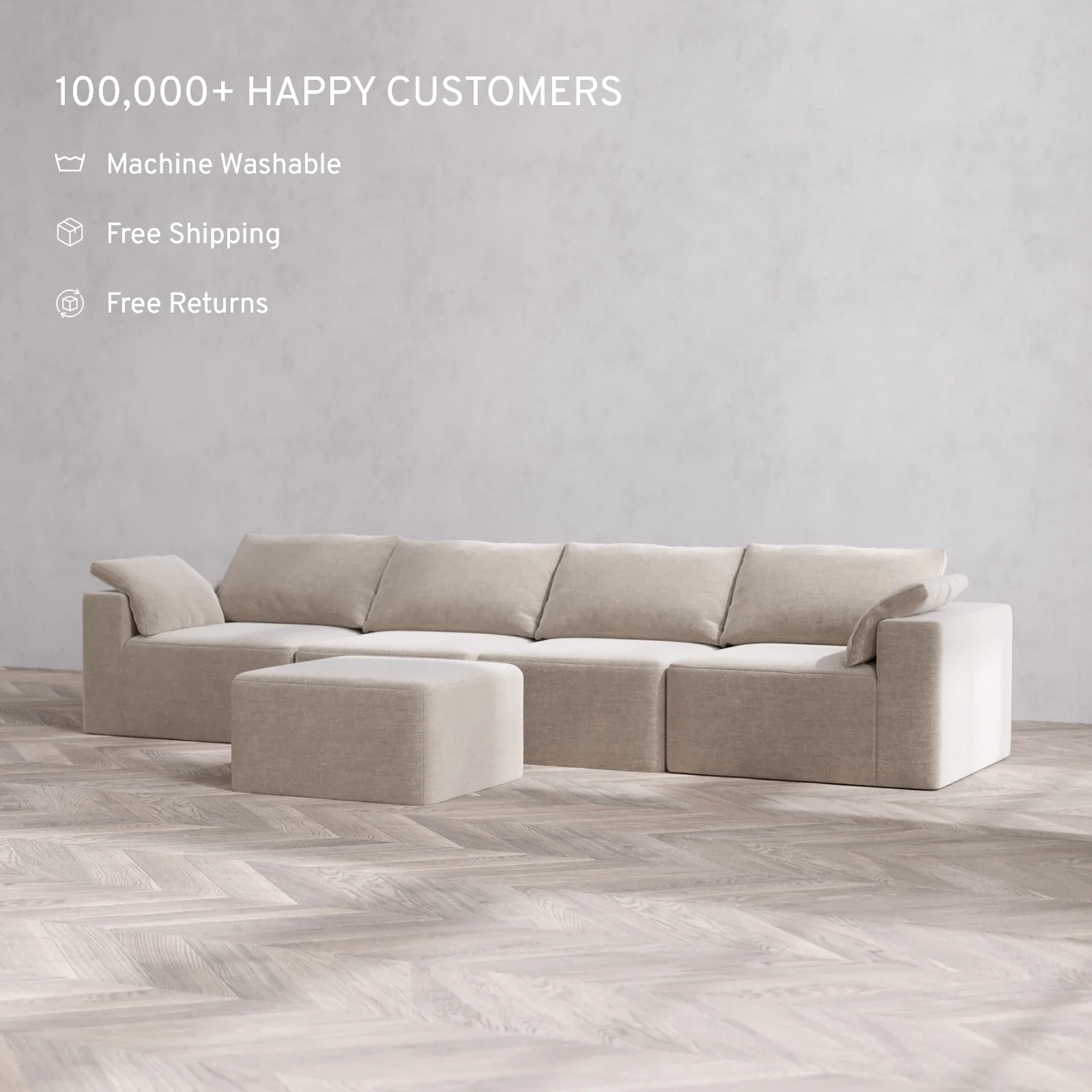 Modular Washable 4-Seater Cloud Sofa + Ottoman | Satin Velvet in Caraway - Image 2