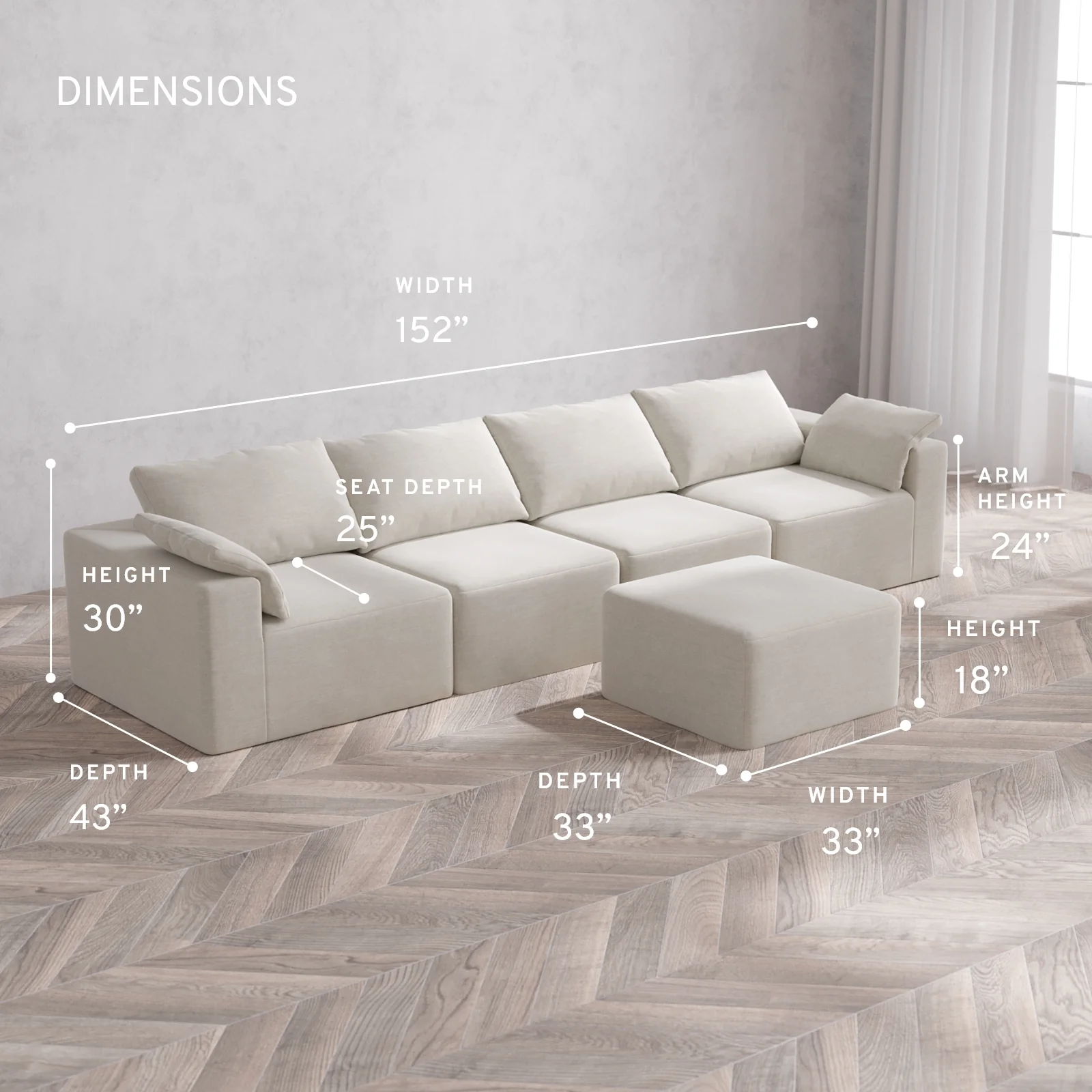 Modular Washable 4-Seater Cloud Sofa + Ottoman | Satin Velvet in Cashew - Image 5