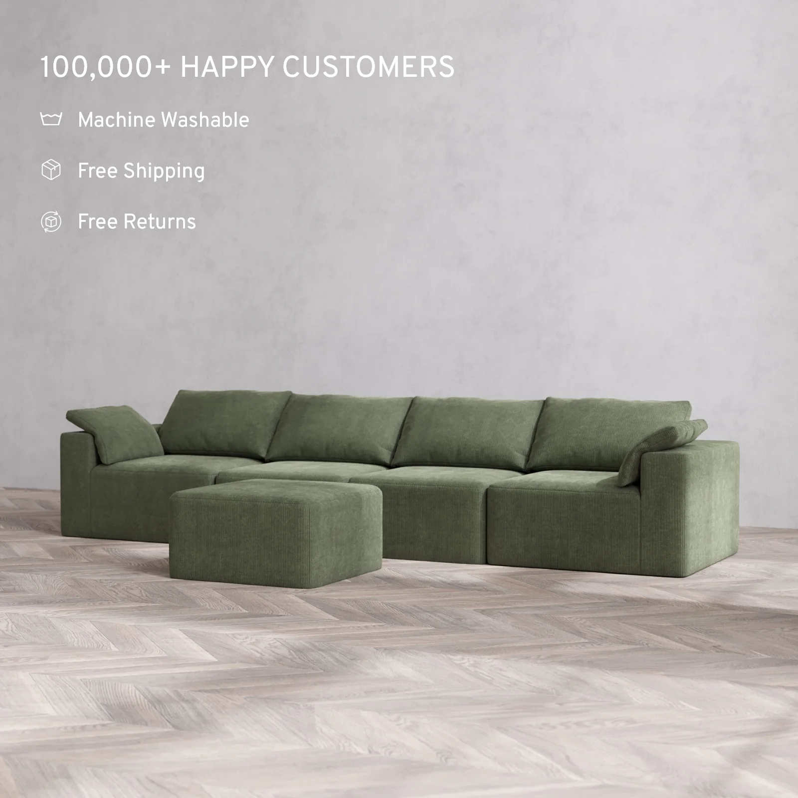 Modular Washable 4-Seater Cloud Sofa + Ottoman | Luxe Corduroy in Juniper - Image 2