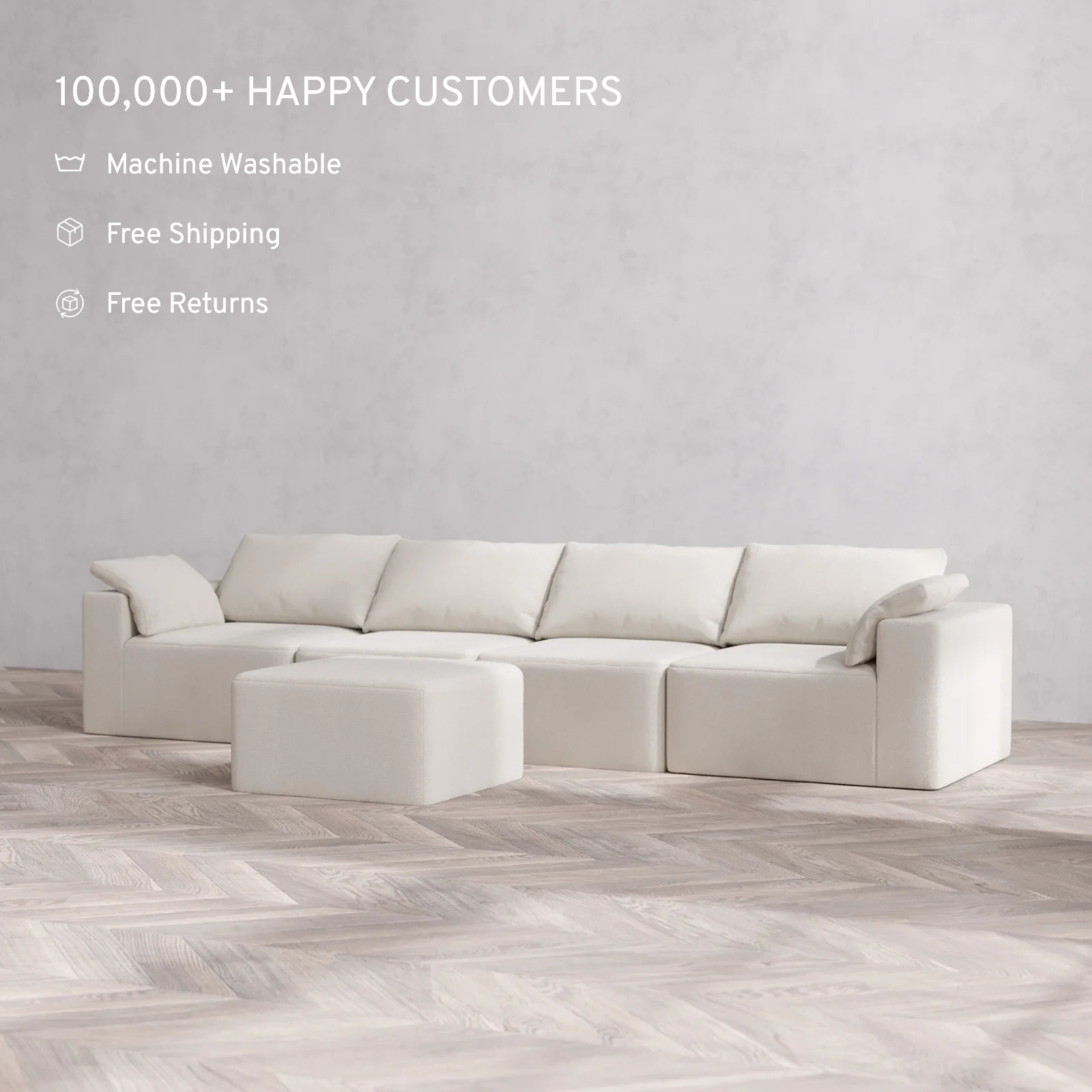 Modular Washable 4-Seater Cloud Sofa + Ottoman | Lux Weave in Pearl - Image 2