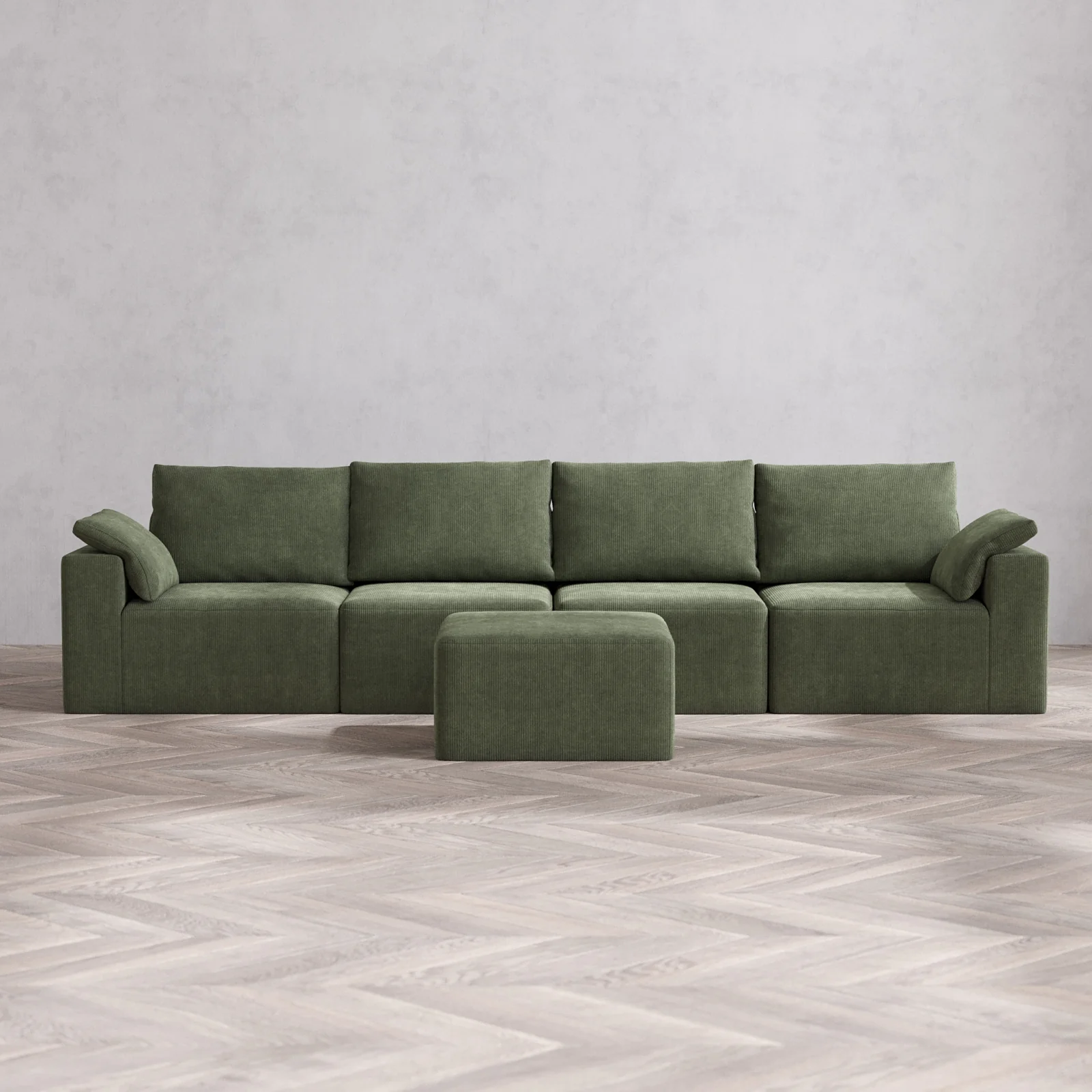 Modular Washable 4-Seater Cloud + Bolster Sofa + Ottoman | Luxe Corduroy in Juniper