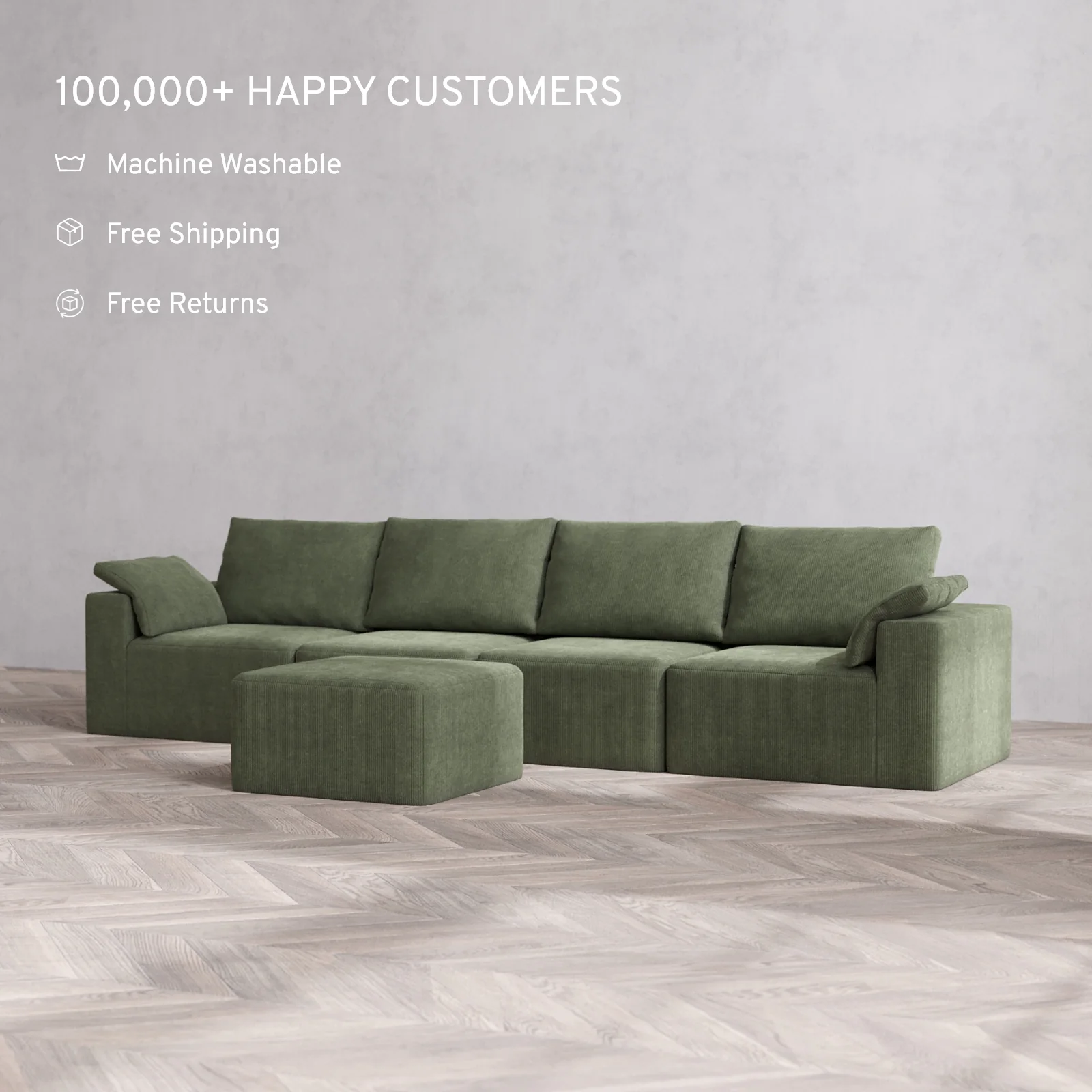 Modular Washable 4-Seater Cloud + Bolster Sofa + Ottoman | Luxe Corduroy in Juniper - Image 2