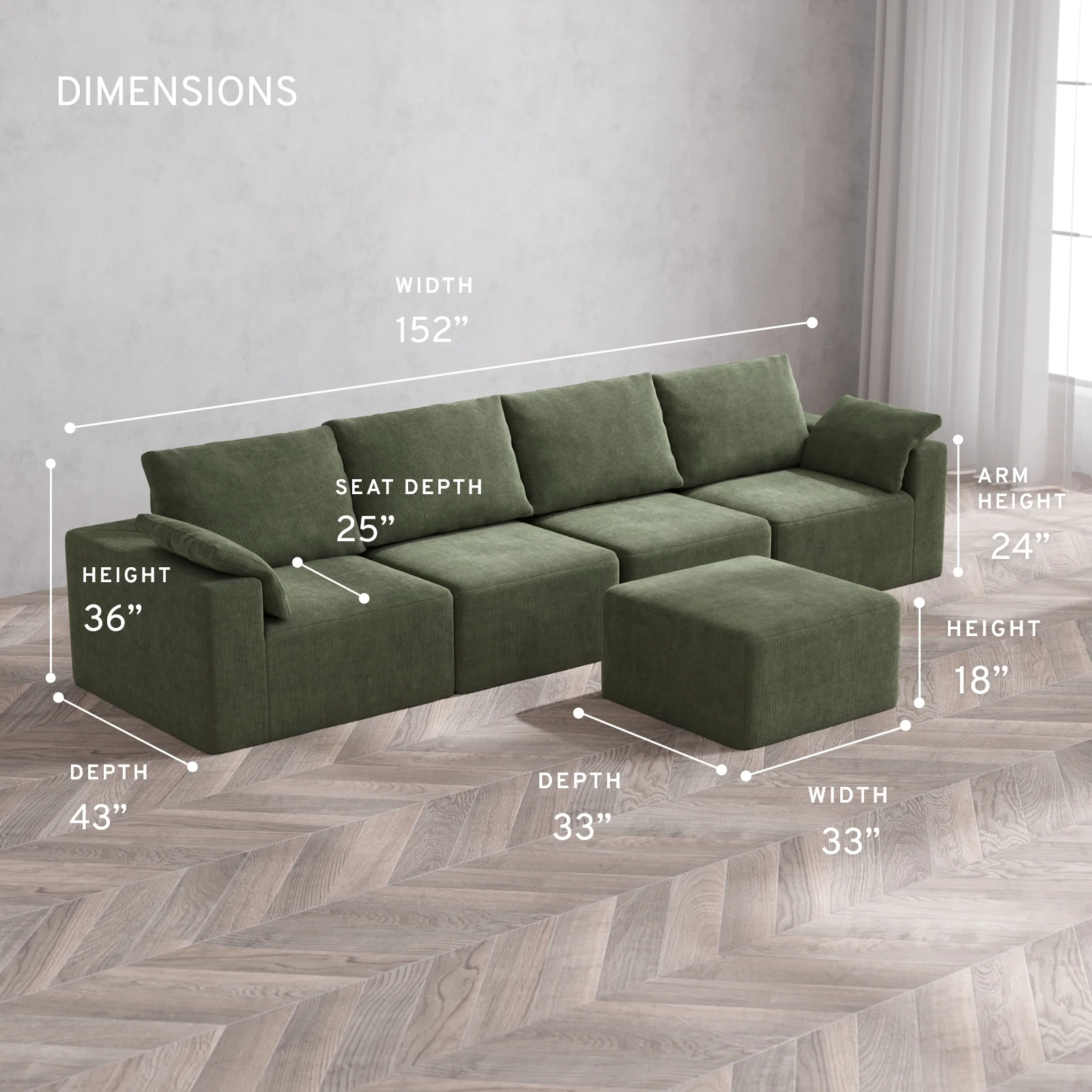Modular Washable 4-Seater Cloud + Bolster Sofa + Ottoman | Luxe Corduroy in Juniper - Image 5