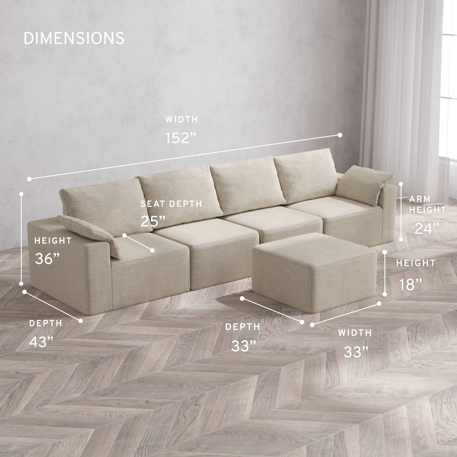 Modular Washable 4-Seater Cloud + Bolster Sofa + Ottoman | Plush Twill in Sandstone - Image 5
