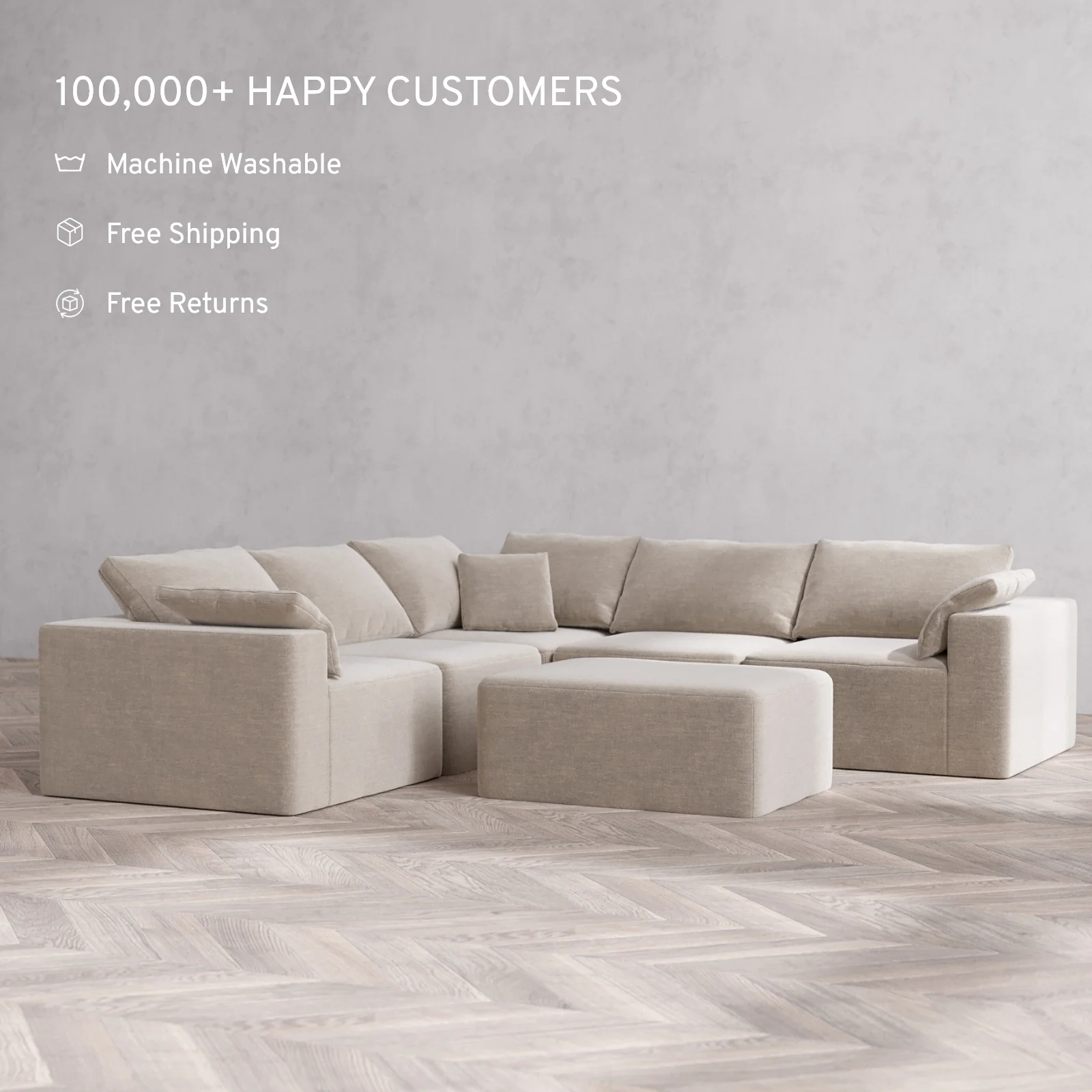 Modular Washable 5-Seater Corner Sectional + Chaise Ottoman Cloud Sofa | Satin Velvet in Caraway - Image 2