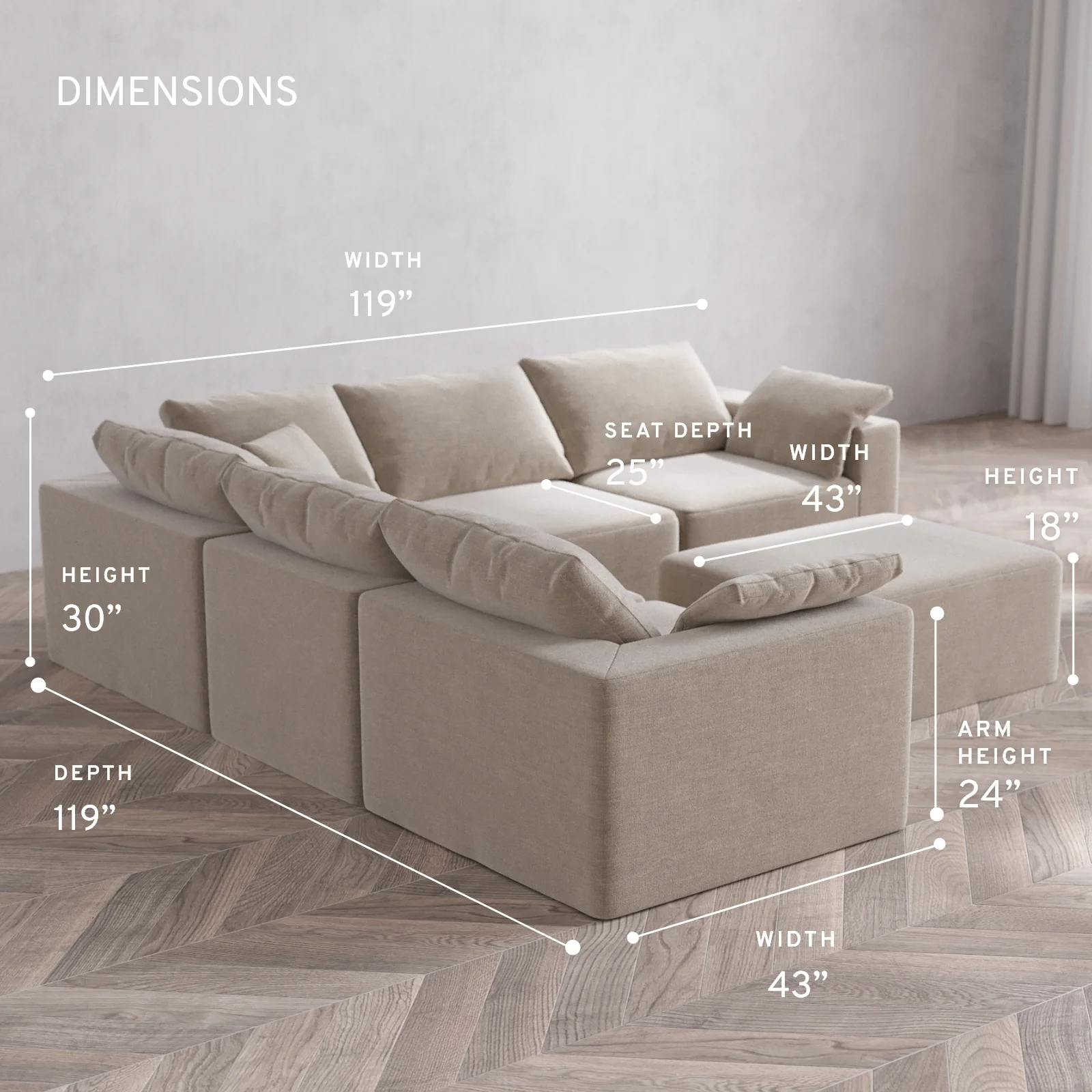 Modular Washable 5-Seater Corner Sectional + Chaise Ottoman Cloud Sofa | Satin Velvet in Caraway - Image 5