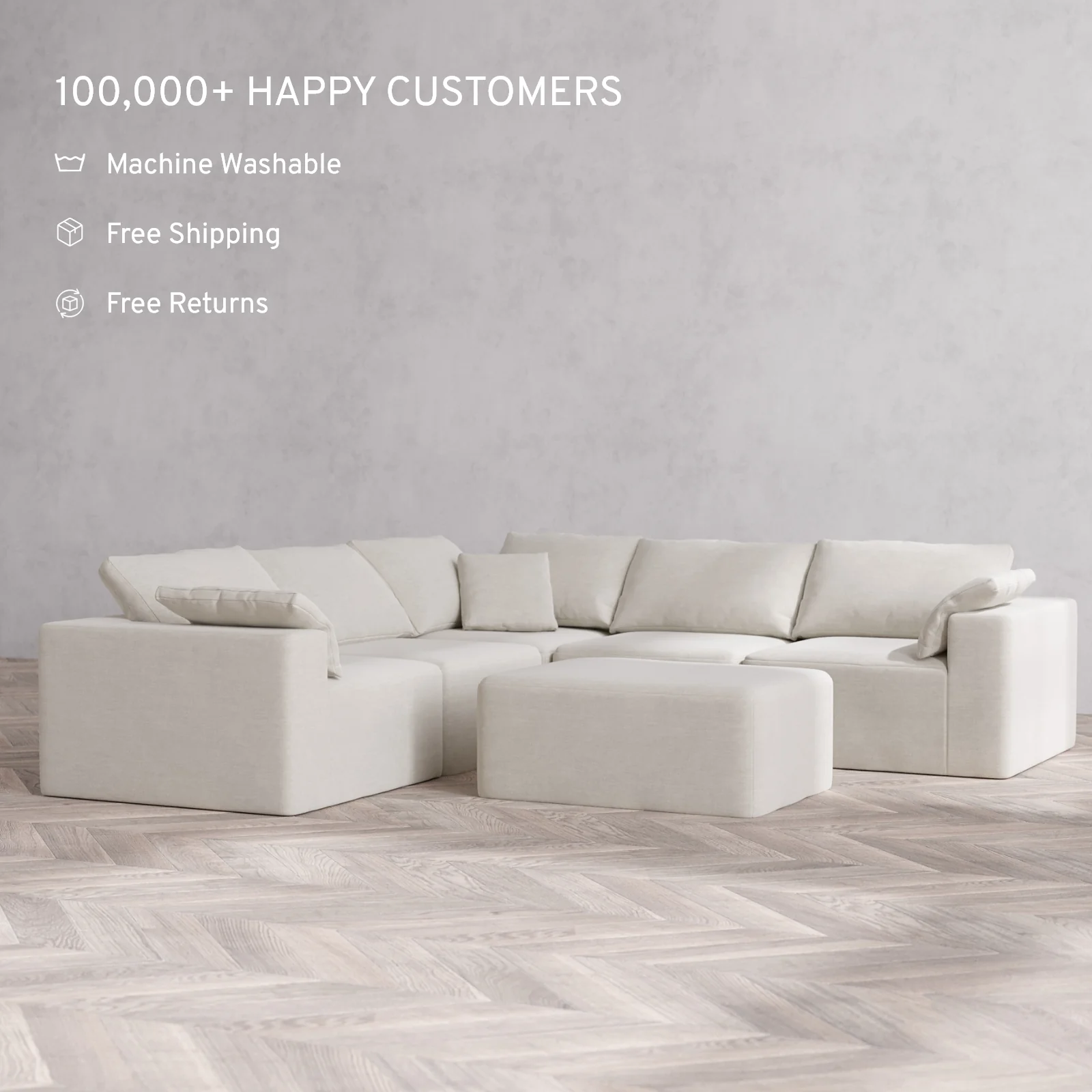 Modular Washable 5-Seater Corner Sectional + Chaise Ottoman Cloud Sofa | Satin Velvet in Cashew - Image 2