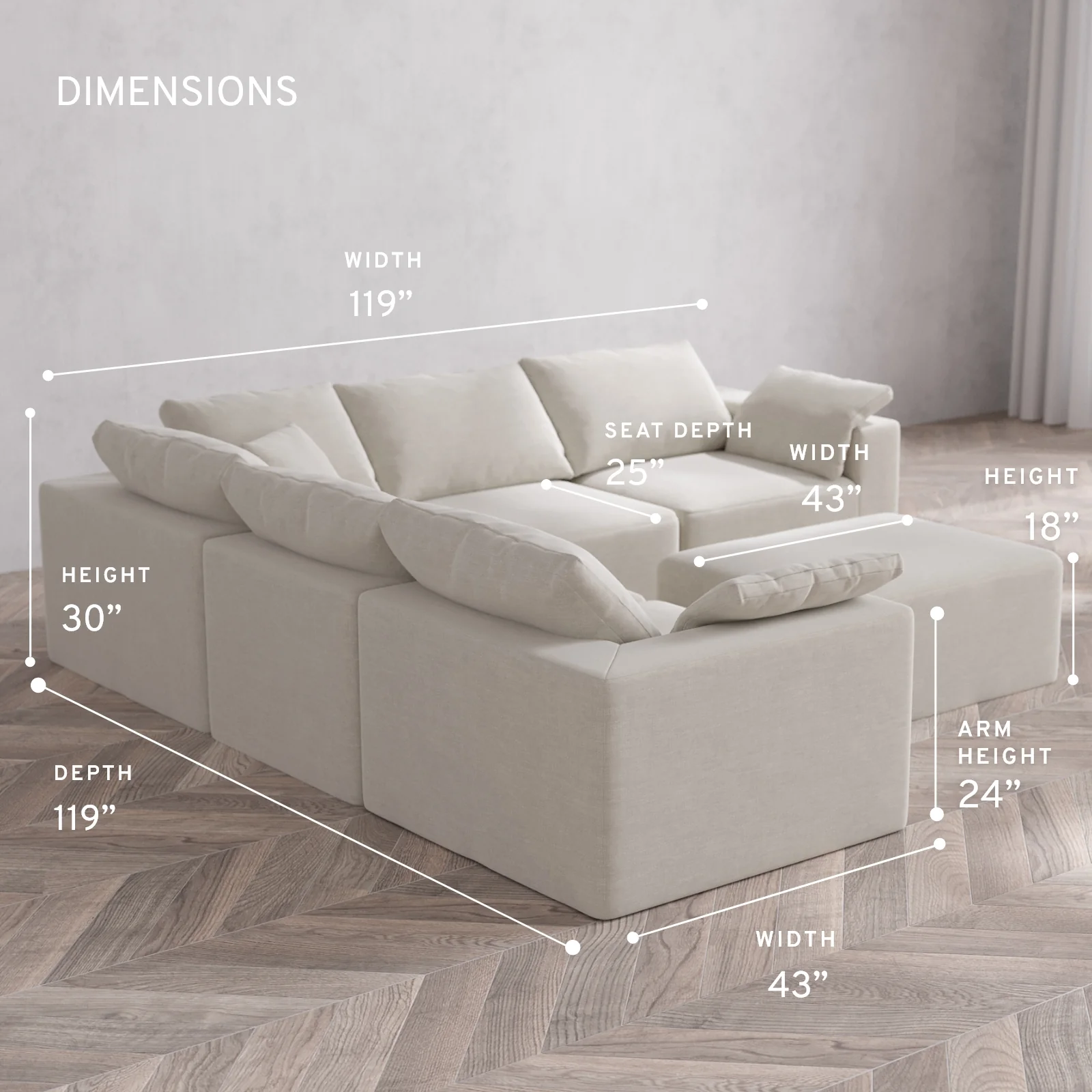 Modular Washable 5-Seater Corner Sectional + Chaise Ottoman Cloud Sofa | Satin Velvet in Cashew - Image 5