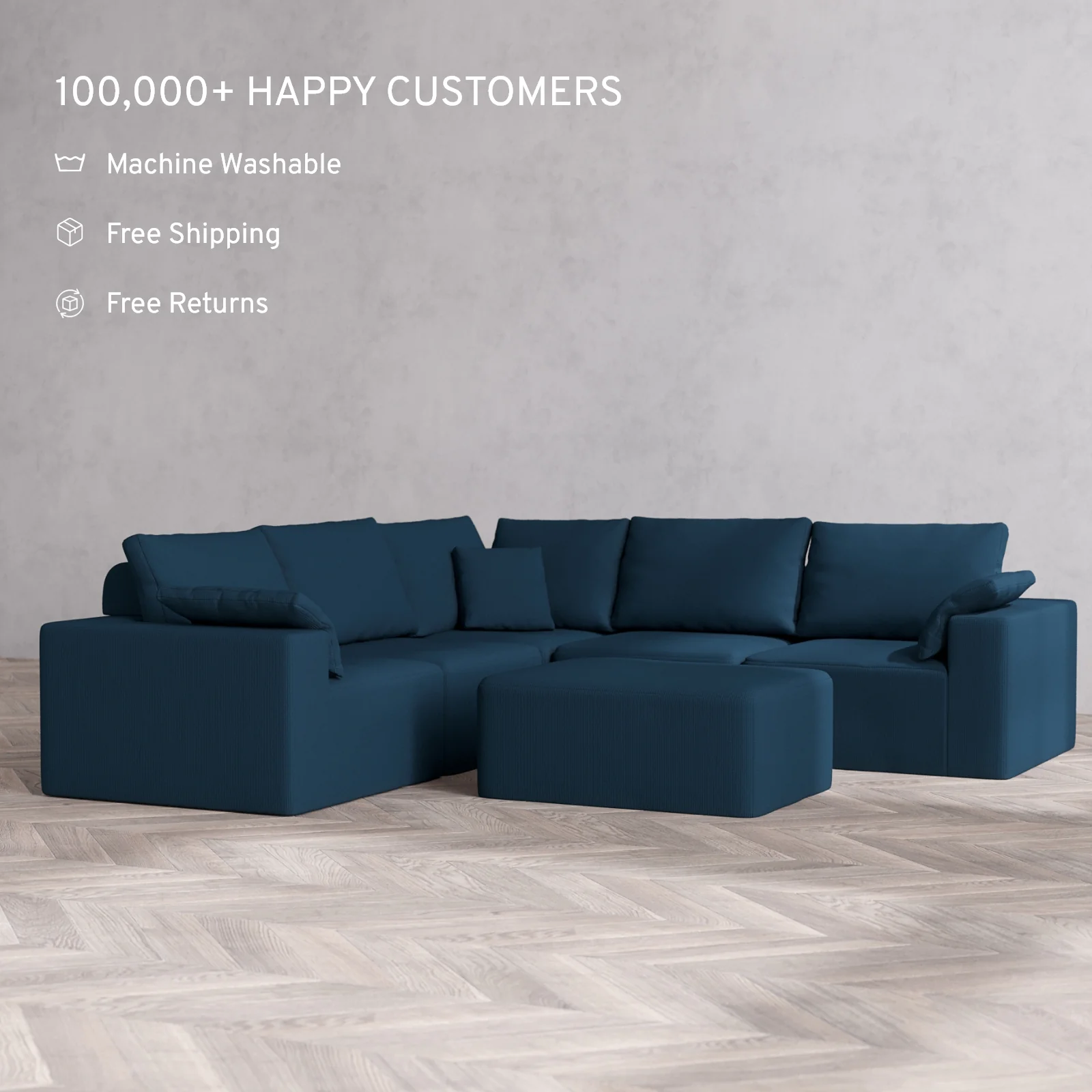 Modular Washable 5-Seater Corner Sectional + Chaise Ottoman Cloud Sofa | Arden Weave in Lazuli - Image 2