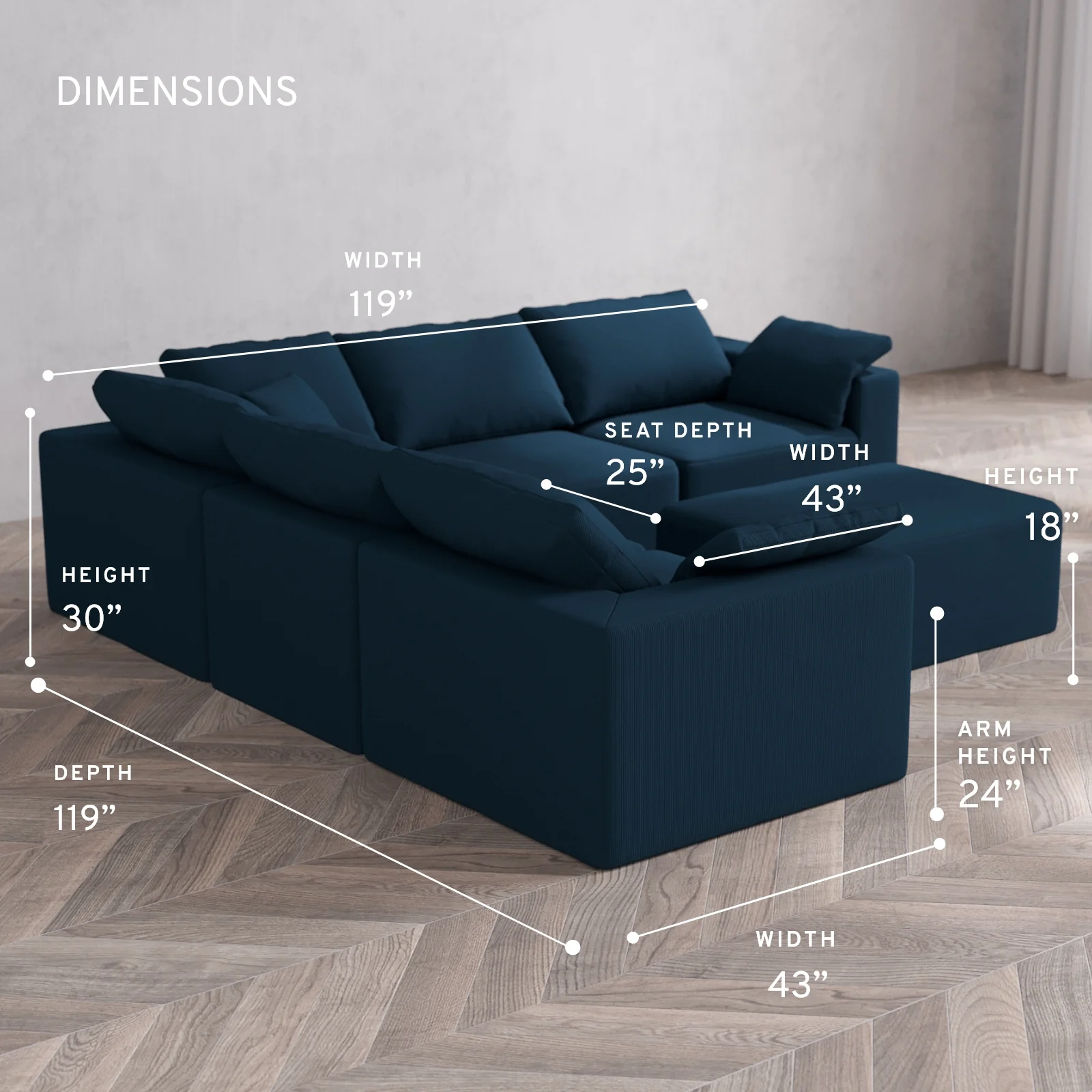 Modular Washable 5-Seater Corner Sectional + Chaise Ottoman Cloud Sofa | Arden Weave in Lazuli - Image 5
