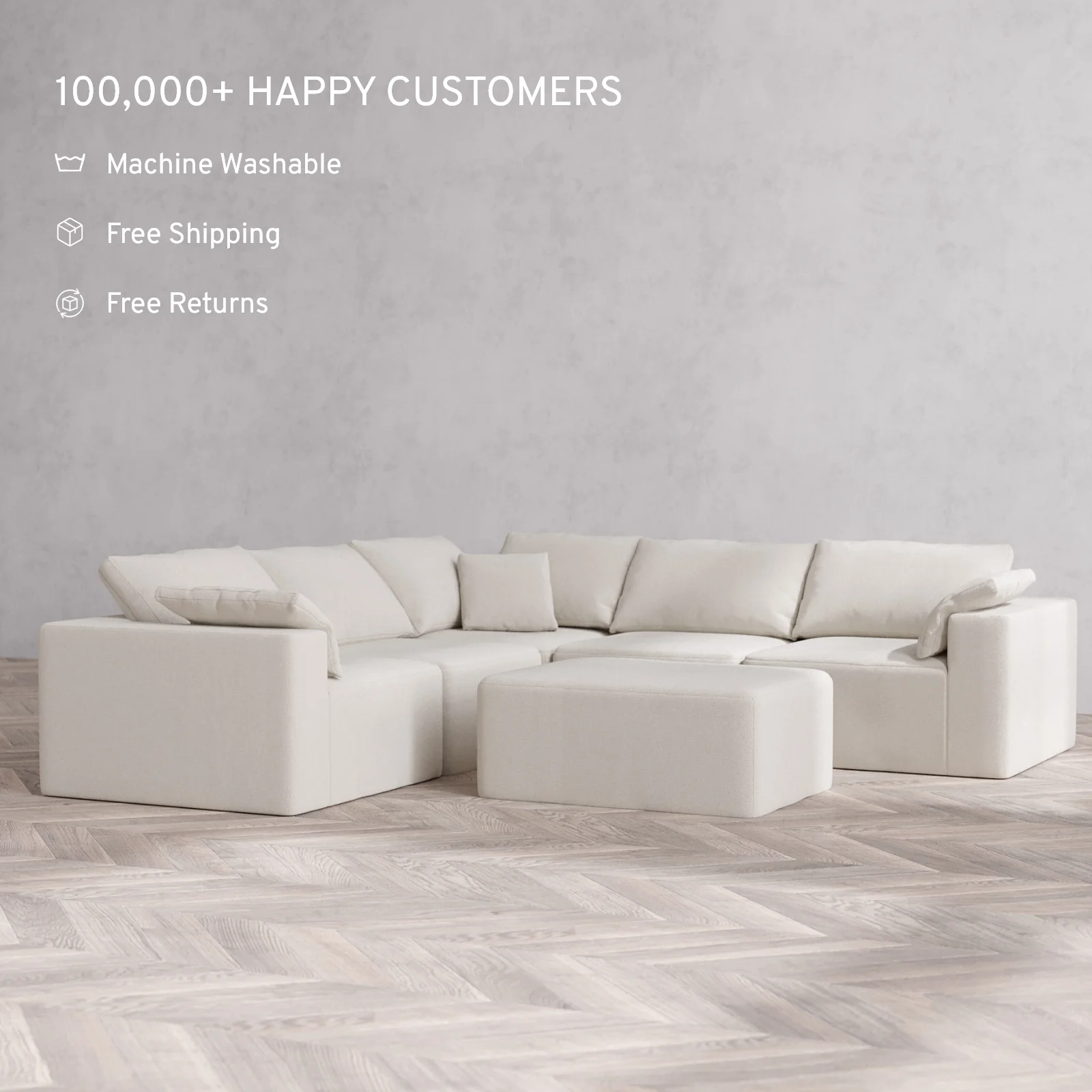 Modular Washable 5-Seater Corner Sectional + Chaise Ottoman Cloud Sofa | Lux Weave in Pearl - Image 2