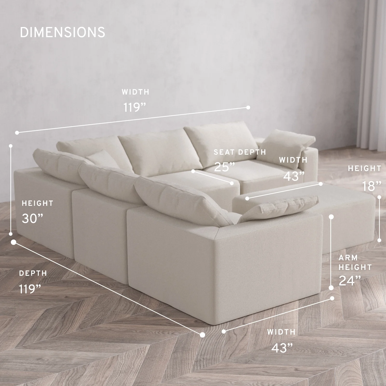 Modular Washable 5-Seater Corner Sectional + Chaise Ottoman Cloud Sofa | Lux Weave in Pearl - Image 5
