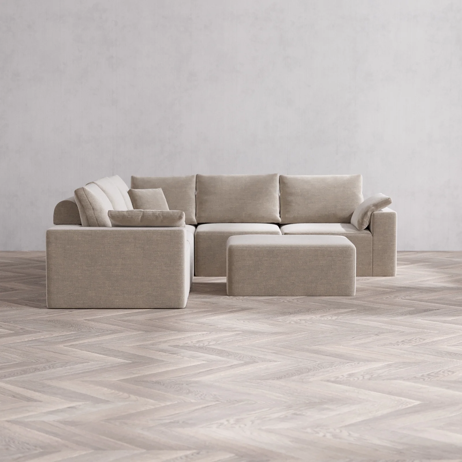 Modular Washable 5-Seater Corner Sectional + Chaise Ottoman Cloud + Bolster Sofa | Satin Velvet in Caraway