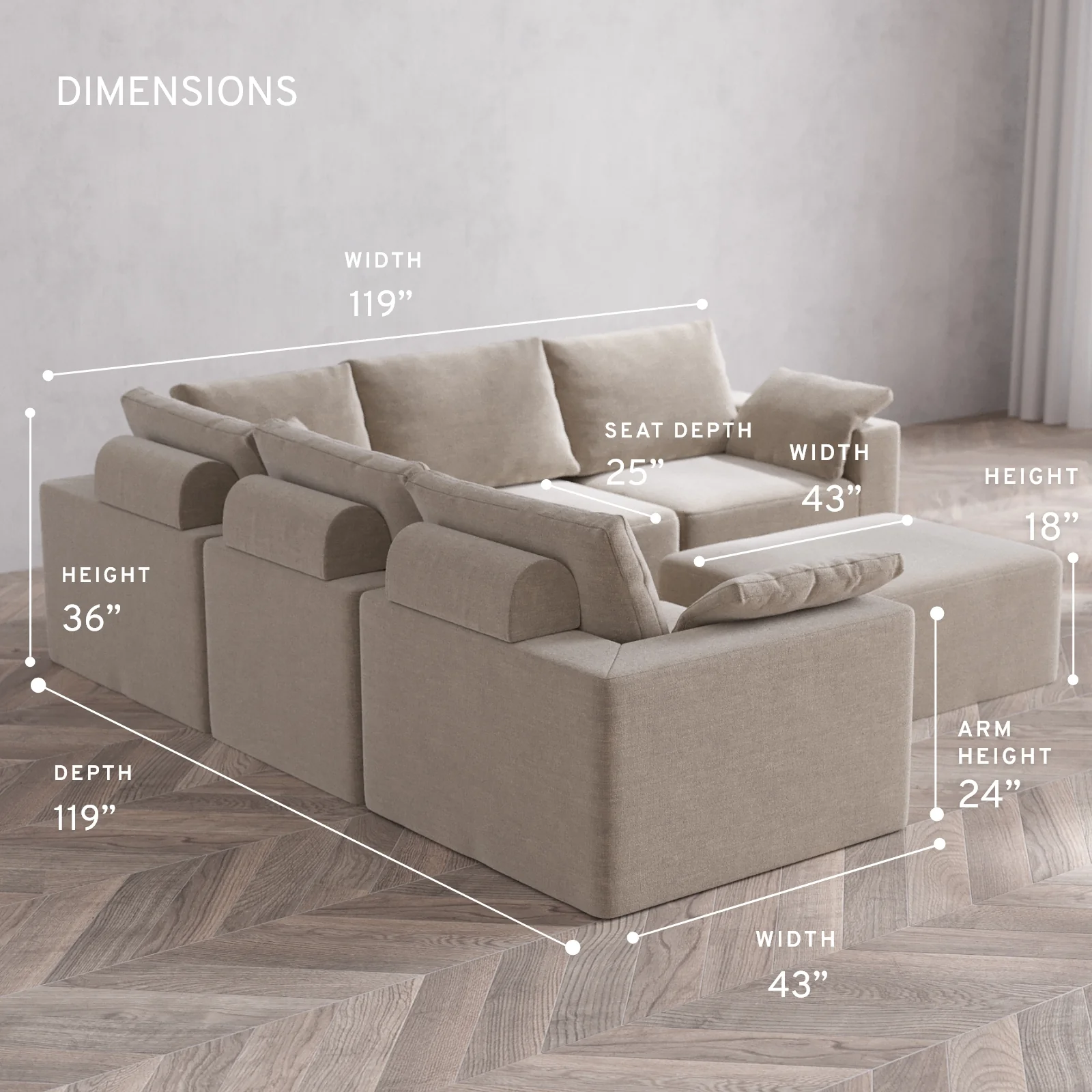 Modular Washable 5-Seater Corner Sectional + Chaise Ottoman Cloud + Bolster Sofa | Satin Velvet in Caraway - Image 5