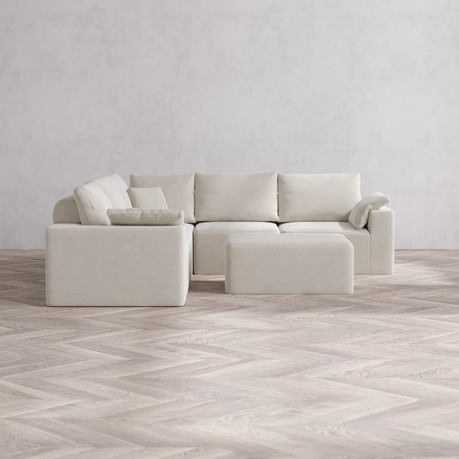 Modular Washable 5-Seater Corner Sectional + Chaise Ottoman Cloud + Bolster Sofa | Satin Velvet in Cashew
